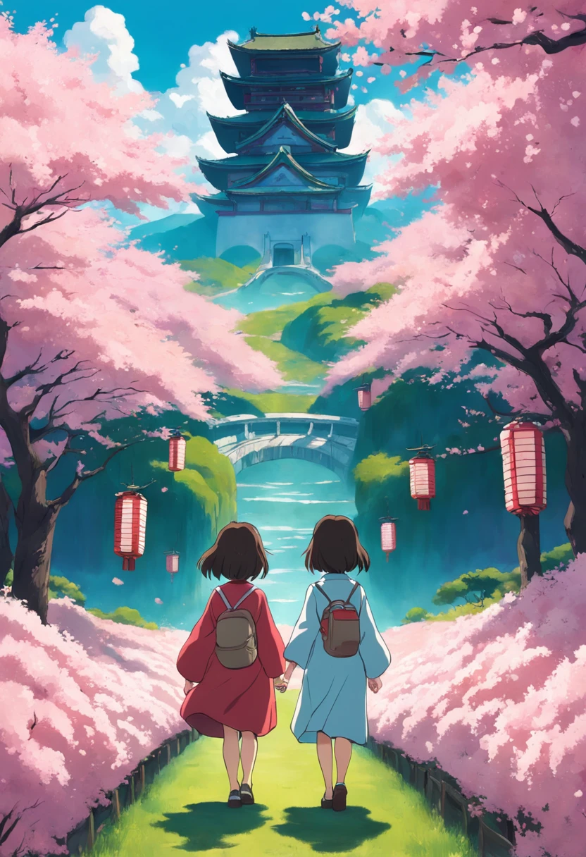 "Create a movie poster inspired by Hayao Miyazaki's Spirited Away, showcasing Chihiro Ogino and Kaonashi in a mesmerizing cherry blossom field."