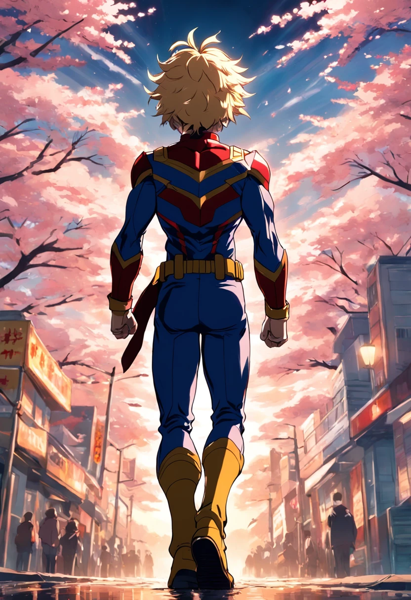 Create a movie poster inspired by Kohei Horikoshi's "My Hero Academia" style, featuring All Might in his hero uniform gazing into the sunset over Cherry Blossom City back turned to the camera