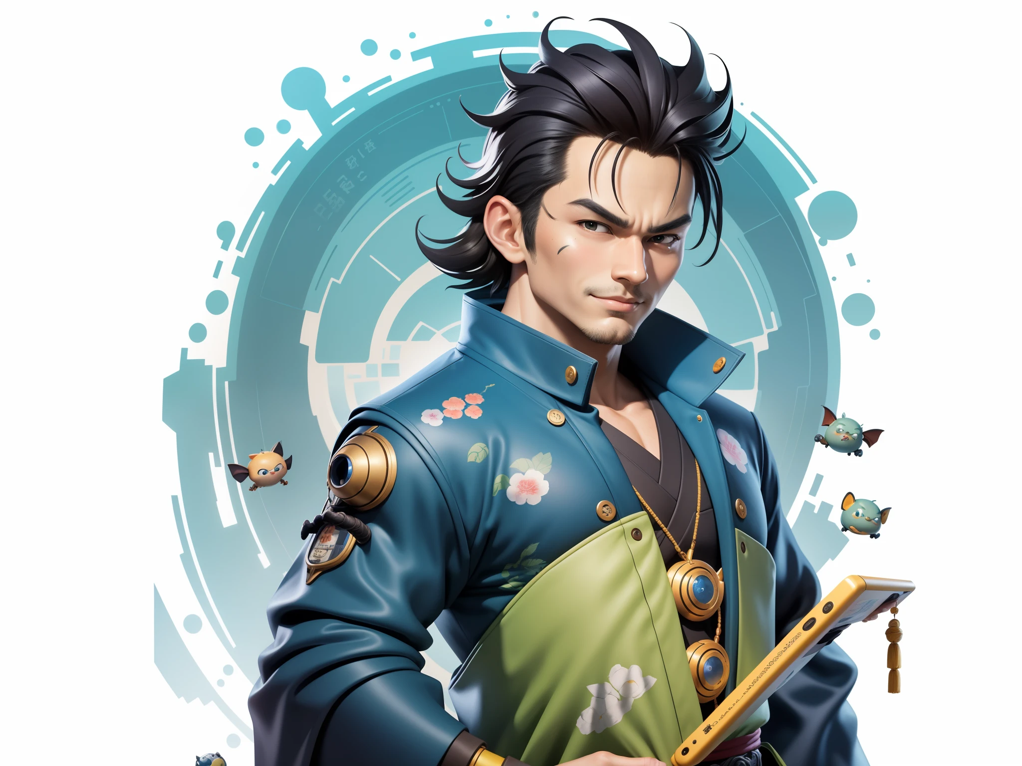 (Masterpiece), (Excellent), (Super Meticulous), (Full Body: 1.2), Super Young Man, Oriental Face, Japanese Kimono, Japanese Wind Thunder God, Dragon, Tiger, TV Anchor, Bust Portrait Illustration, Alone, Black Suit, Blue Tie, Slightly Chubby Face, Very Clean Face, No Beard, Black Super Short Hair, Black Eyes, Confident Smile, 3c Computer Sub-Products, iPad, iPhone, Digital Painting, 3D Character Design by Akira Toriyama and Mark Claireden and Pixar and Hayao Miyazaki, The illustration is a high-definition illustration in 4K resolution with very detailed facial features and cartoon-style visuals.