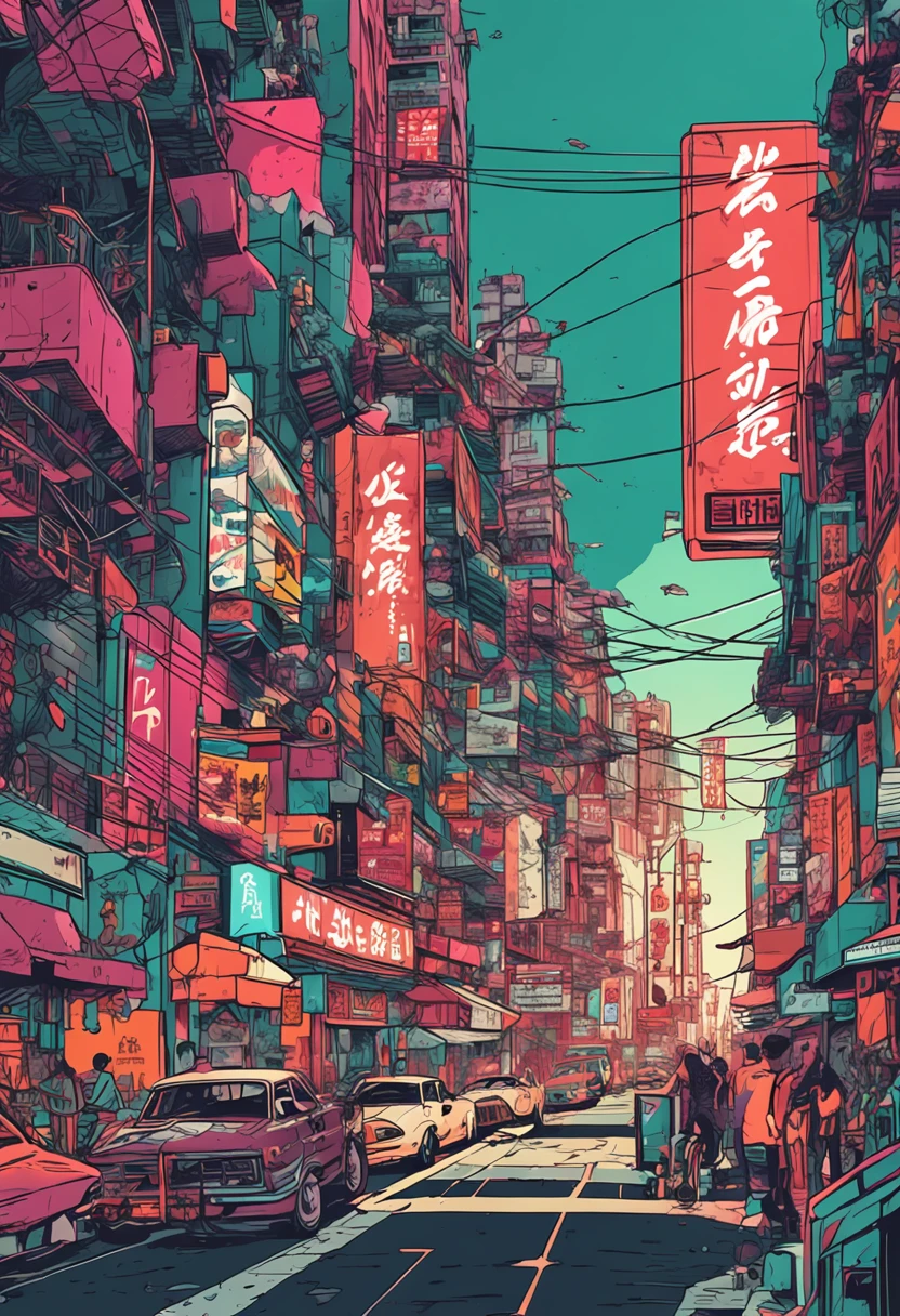 Illustration of a busy city street with people and cars, uma pintura digital inspirada em Liam Wong, trending in behance, arte conceitual, Arte de uma rua de Hong Kong, cartaz impresso de rua, detailed cyberpunk illustration, Estilo da cidade murada de Kowloon, Kowloon cyberpunk, chungking express paleta de cores, poster illustration, in a tropical and dystopic city, gta chinatown estilo de arte