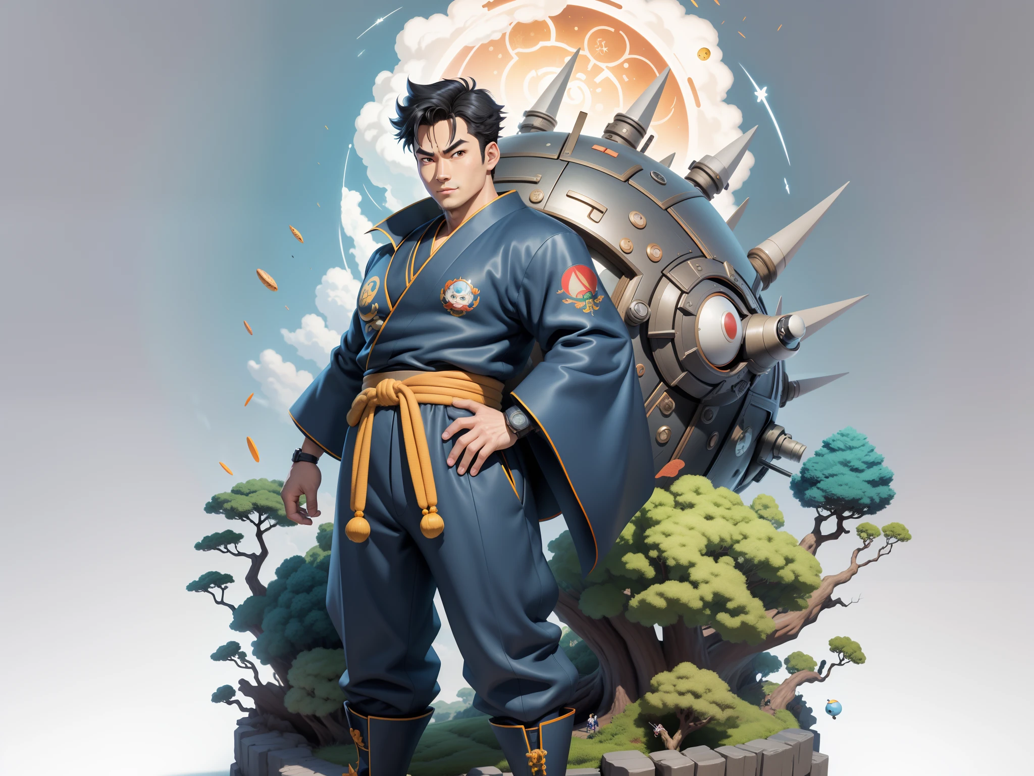 (Masterpiece), (Excellent), (Super Meticulous), (Full Body: 1.2), Super Young Man, Oriental Face, Japanese Kimono, Japanese Wind Thunder God, Dragon, Tiger, TV Anchor, Bust Portrait Illustration, Alone, Black Suit, Blue Tie, Slightly Chubby Face, Very Clean Face, No Beard, Black Super Short Hair, Black Eyes, Confident Smile, 3c Computer Sub-Products, iPad, iPhone, Digital Painting, 3D Character Design by Akira Toriyama and Mark Claireden and Pixar and Hayao Miyazaki, The illustration is a high-definition illustration in 4K resolution with very detailed facial features and cartoon-style visuals.