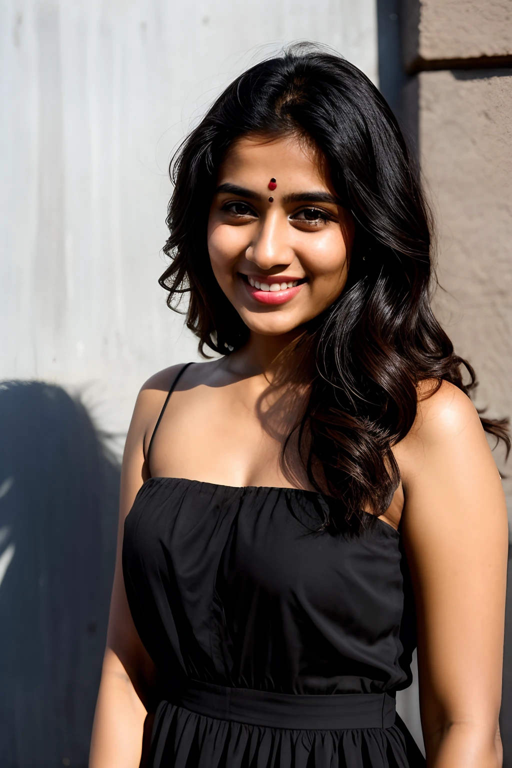 RAW photo, face portrait photo of beautiful 26 y.o indian woman, cute face, wearing black dress, happy face, hard shadows, cinematic shot, dramatic lighting