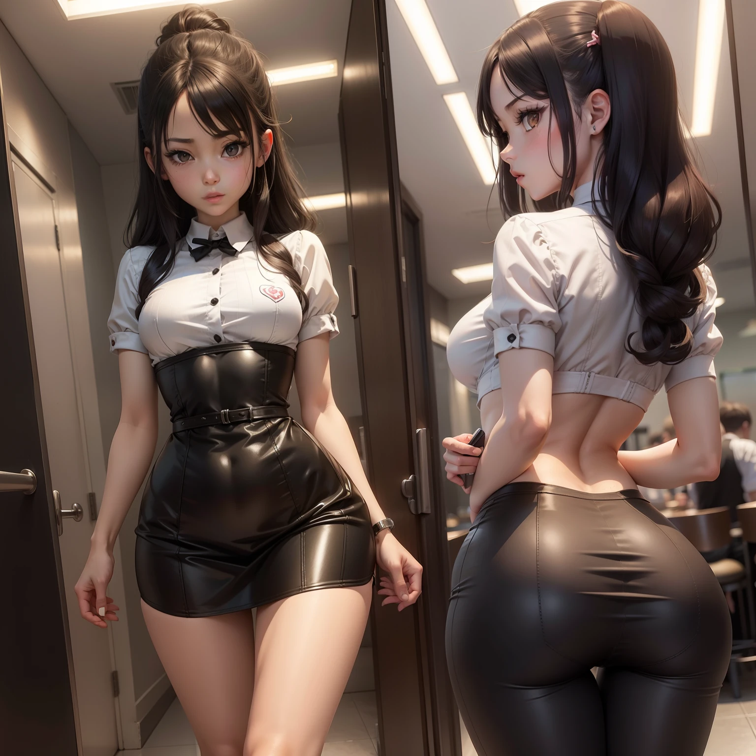Anime girl, waitress, ((narrow waist)), ((tiny waist)), ((slim waist)), tight outfit