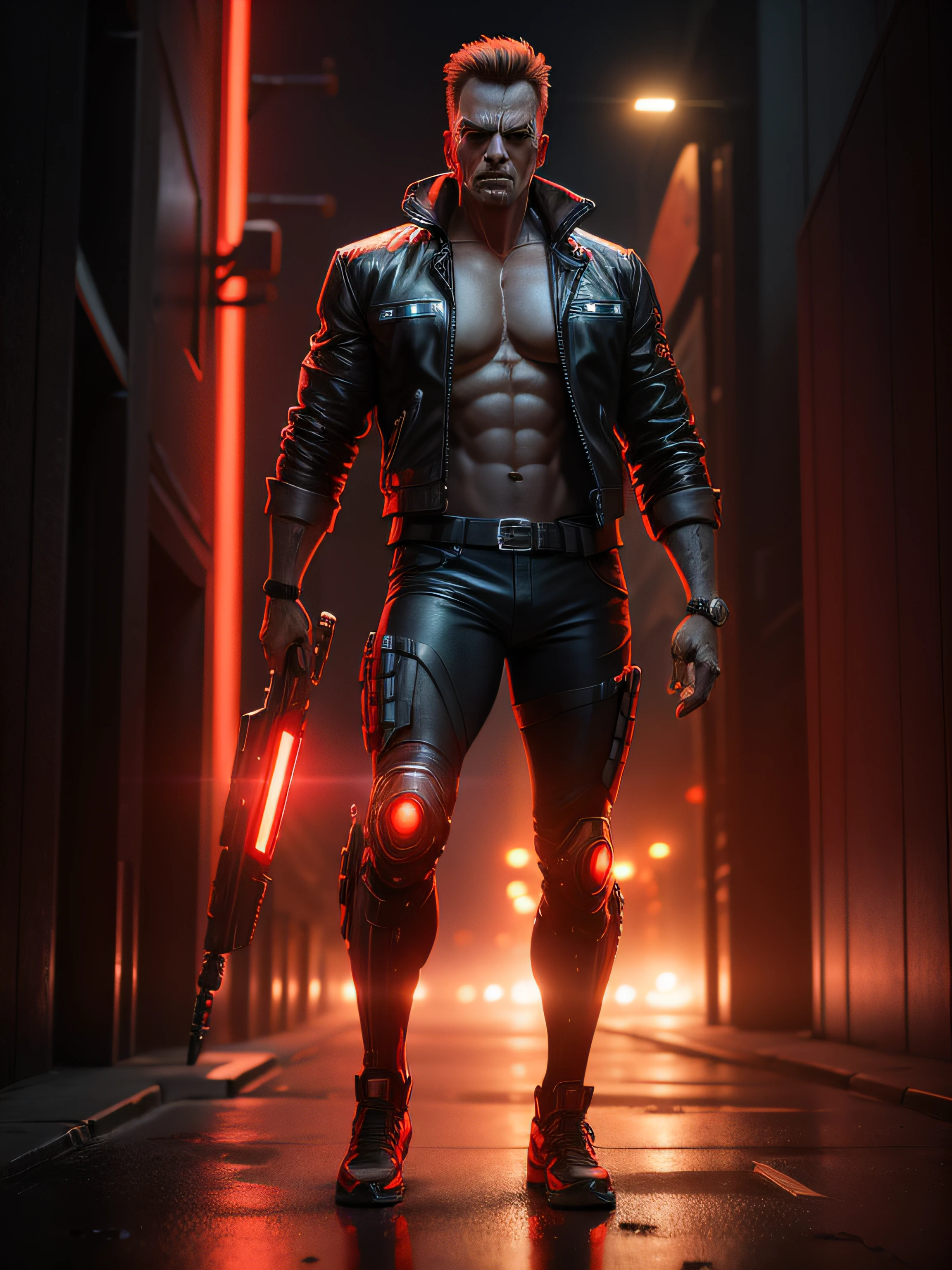 A terminator in the dark city, full body, red background light, 8k, ultrarealistic