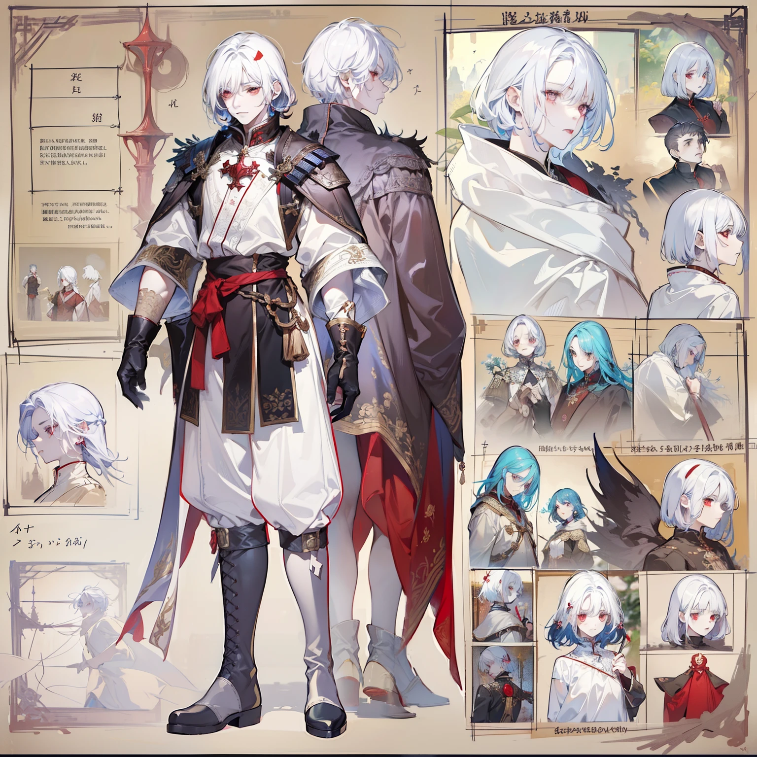 1 boy, solo, white hair, red eyes, square, Bob hairstyle, bean, shoulder-length hair, red eyes, shirt, high boots, Lightweight clothing, medieval theme, looking at viewer, fantasy art, beautiful painting, guwaika style, epic exquisite character art, stunning characters, man, lean (reference sheet:1.5)