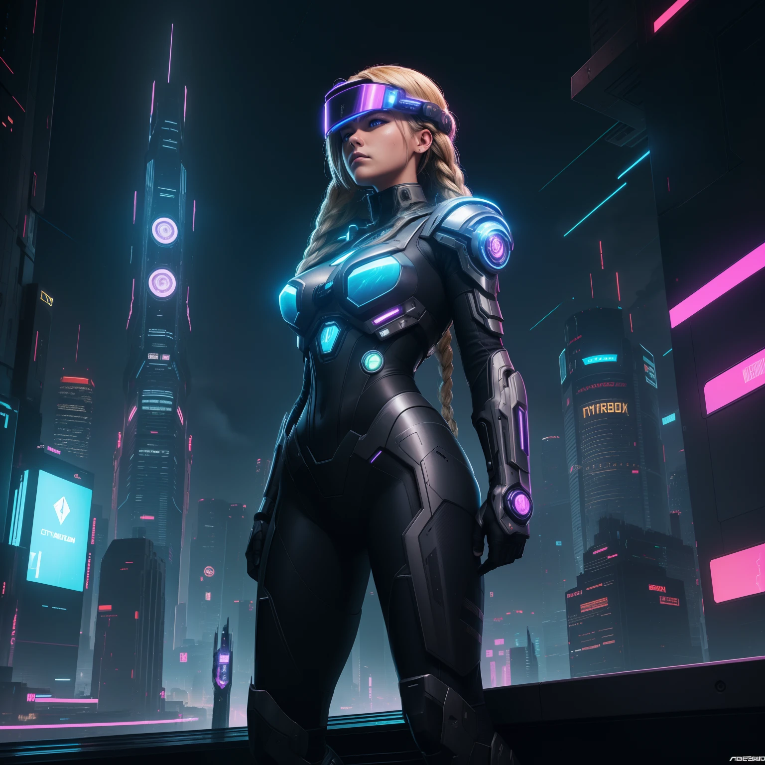 masterpiece, best quality, ultra-detailed, illustration, 1girl, solo, standing, confident, serious expression, cyberpunk, paladin, sword, metallic, high-tech, cybernetic armor, bright lights, neon, wires, cables, circuits, circuitry, visor, helmet, cybernetic limbs, long hair, blonde, hair styled in a braid, flowing in the wind, futuristic cityscape, towering skyscrapers, flying vehicles, holograms, tech noir, laser beams, power armor, glowing power sword, action pose, ready to fight, intensity, defending the city, night scene, city lights, cyberpunk aesthetic