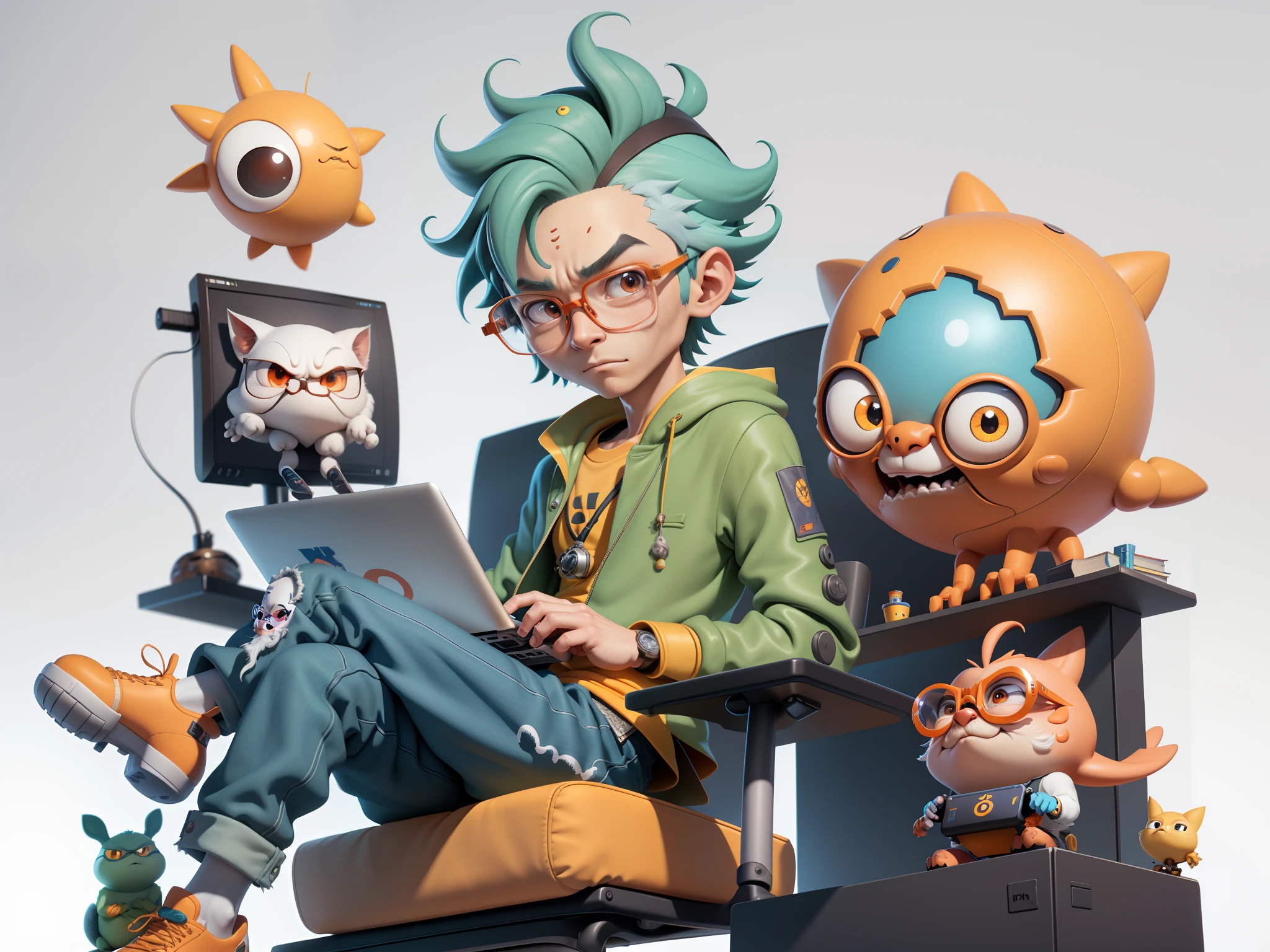A young man with glasses sits at his desk,holding laptop,digitial painting,3D character design by Mark Clairen and Pixar and Hayao Miyazaki and Akira Toriyama,4K HD illustration,Very detailed facial features and cartoon-style visuals。