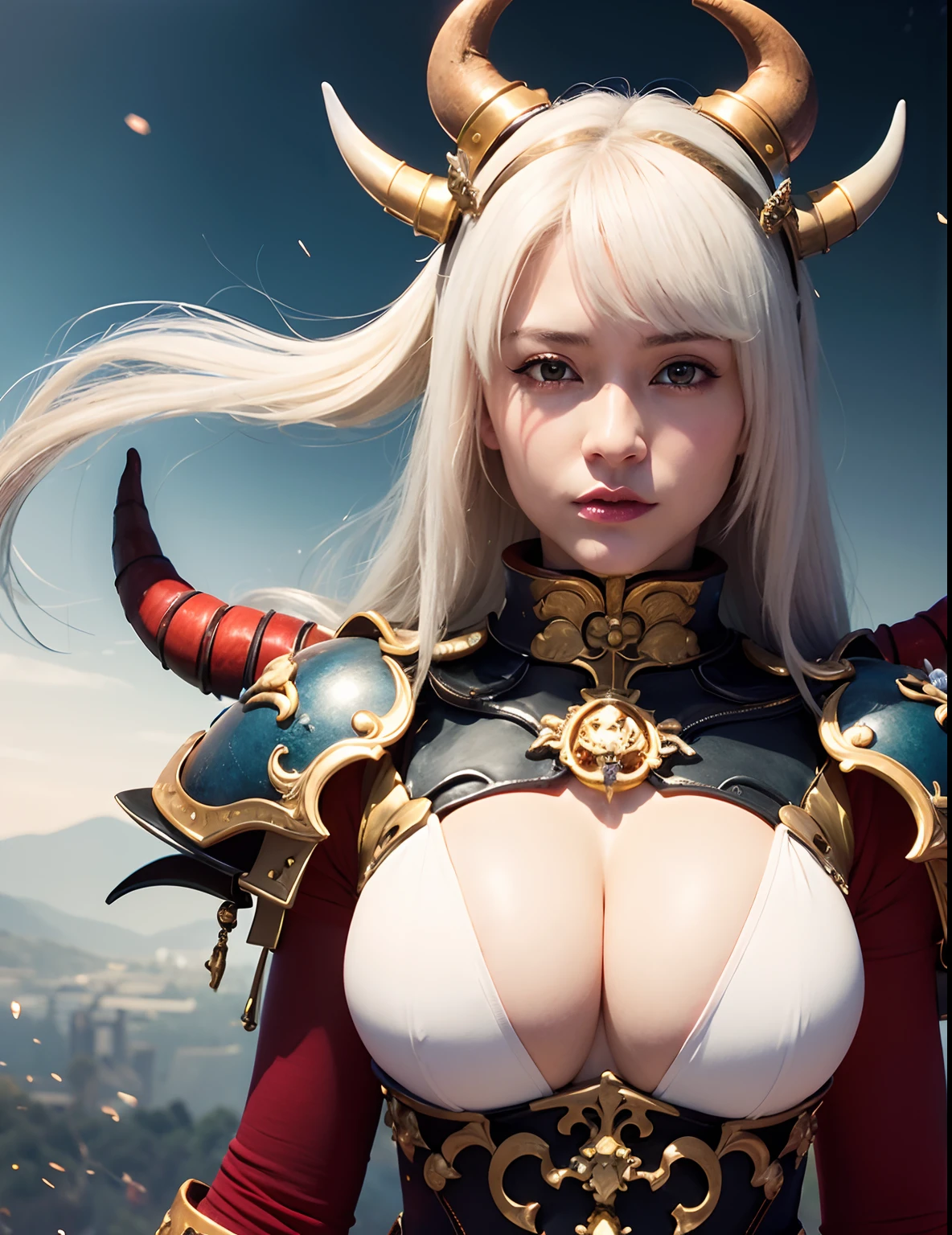 Professional , ​masterpiece、top-quality、photos realistic , depth of fields 、（White Gemstone Body:1.９),(Matte White、（cleavage of the breast）、Jewel Gold Weapon、Particles of light、Gemstone Body White:1.４),Gorgeous gold weapons ,（（ Dragon dense and gorgeous dragon sword）） , （demonic wings）   ,warhammer 40k 、（（White hair））、（Castle background）、（demonic wings）、（（Gangle's forest background））、Beautiful Caucasian beauty、１a person、dynamic ungle,(((Two devil's horns on the head)))、Smaller head、Idle Smile、Thin and beautiful female hands、cleavage of the breast、Mystical expression、Light Effects、intense fighting、Wind-effect、magic circles、With the legendary magic wand、Dragon's tail、White tattoos all over the body、