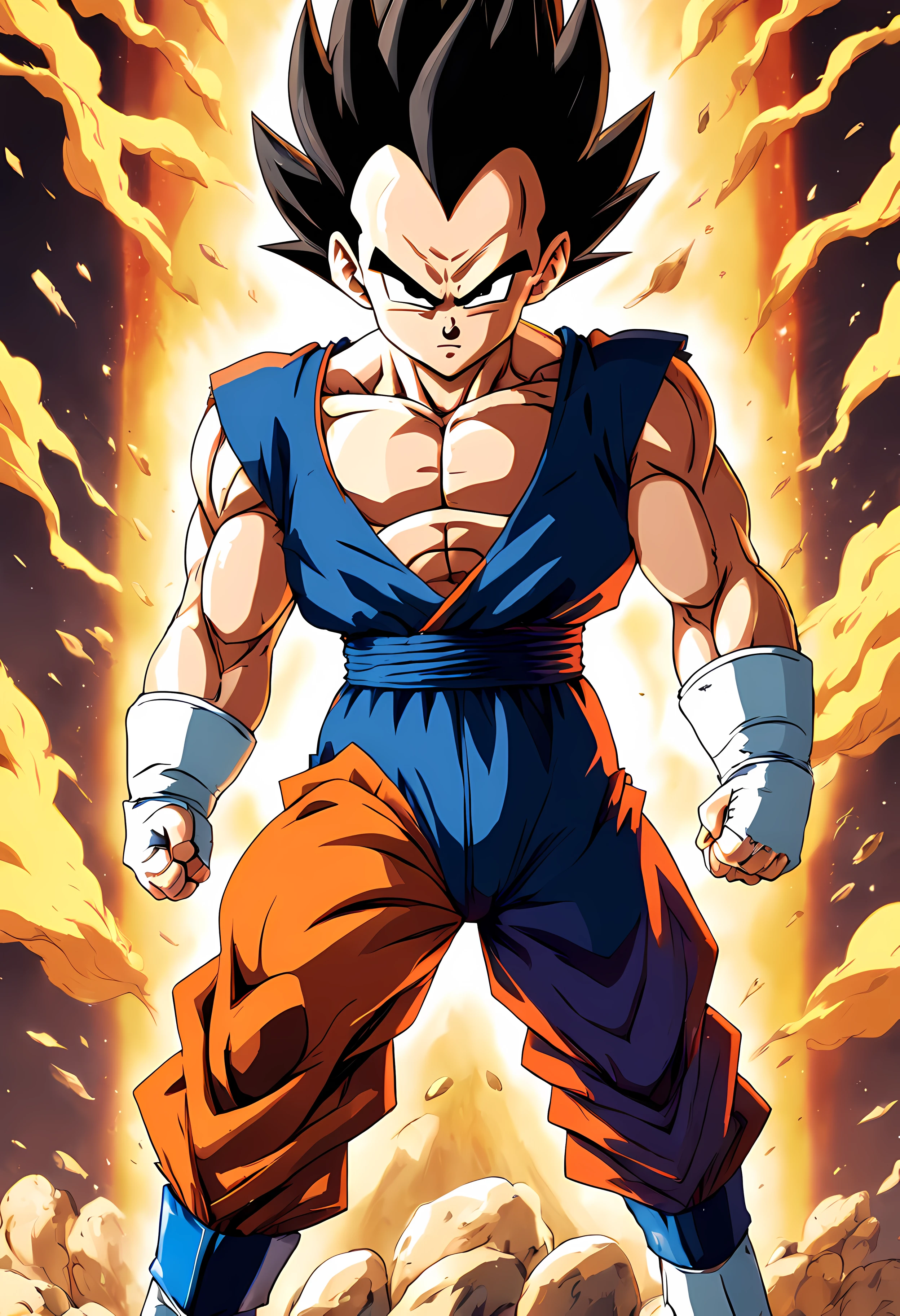 "Create a dynamic movie poster in the iconic style of Akira Toriyama's Dragon Ball Z, showcasing Prince Vegeta."