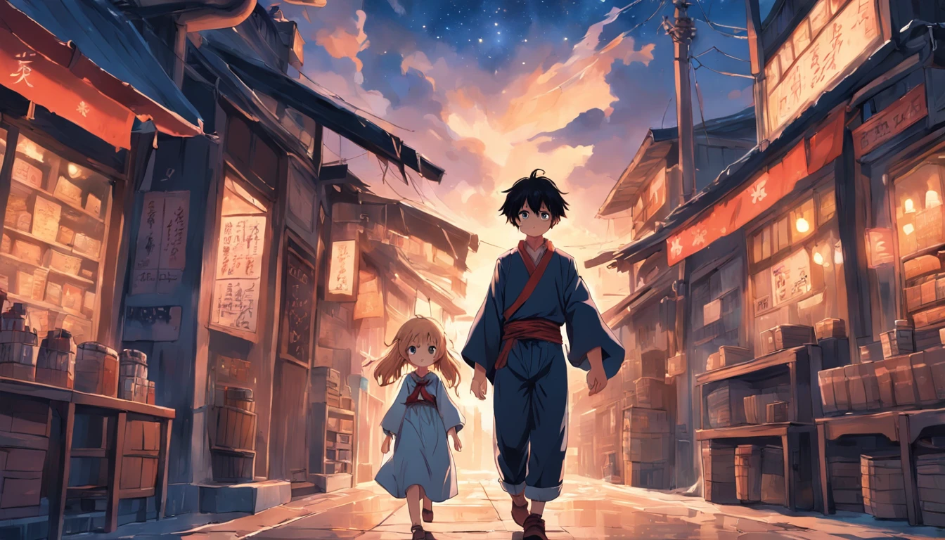 (an adventurous peasant boy, with sad countenance) and (a young peasant woman), wearing shoes, in a shop, anime style, book cover style, sunset as day gives way to night, a starry sky begins to rise above , surrounding image