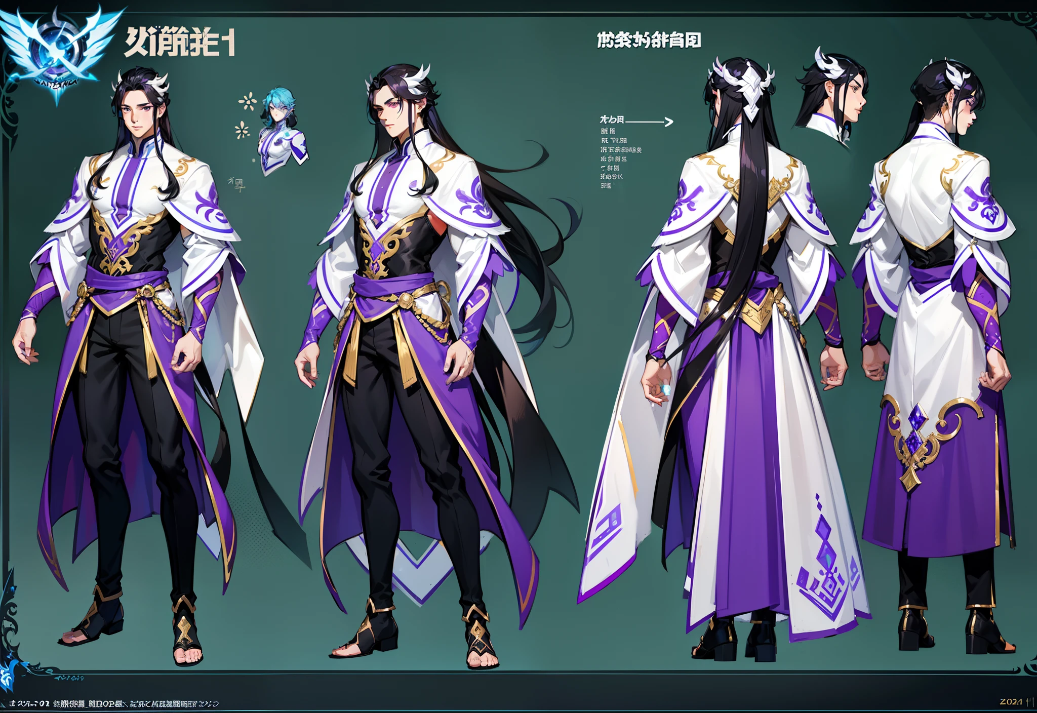 1boy, single, asian boy, reference sheet, oerfect face, hansome face, character design, front angle, side angle, rear angle, dynamic poses, (masterpiece:1.2), (best quality:1.3), ice fantasy outfit, muscle body, athletic body. (Purple eyes), (long hair), (long bangs), (black  hair), (pale skin),  lean (reference sheet:1.5), no text, no symbol, no frame, giant this guy, looking at viewer, smile, male focus, muscular, pectorals, muscular male,