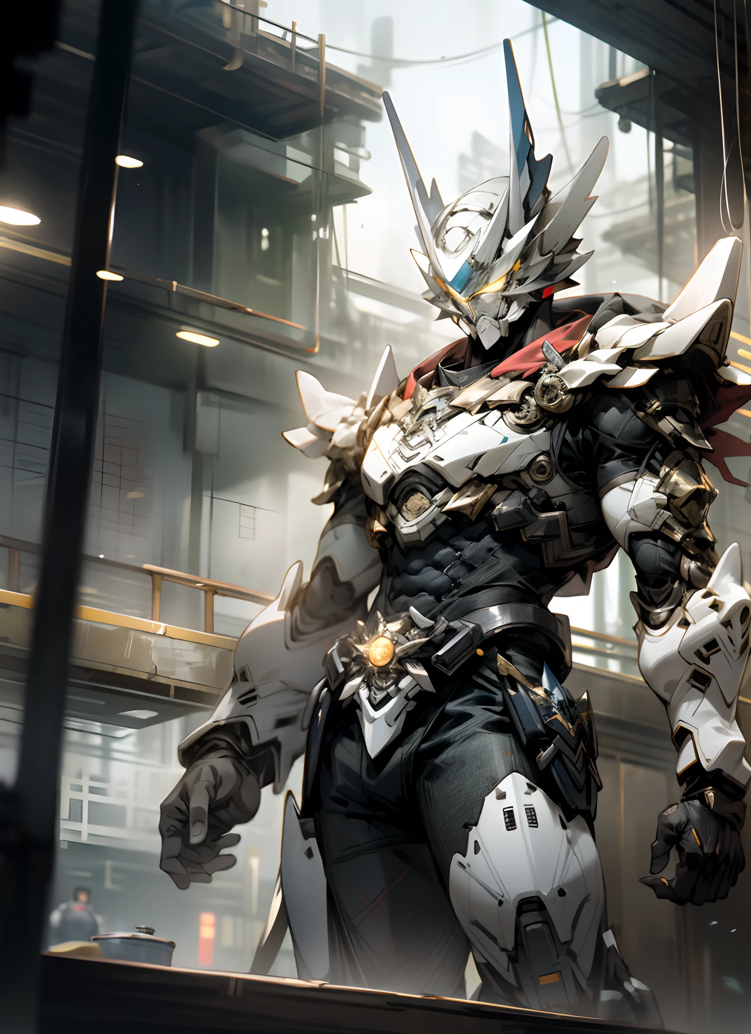 tmasterpiece,Best quality at best,1boy,extraterrestial,malefocus,独奏,1boy,tokusatsu,full bodyesbian,(der riese),railing,glowing light eyes,with light glowing,from below,White eyes,城市,buliding,Damaged buildings,tiltshift,废墟,Wearing armor