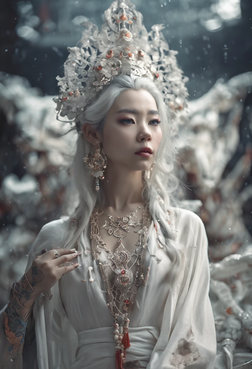 RAW photograph full length portrait of the goddess of the moon、pale skin, erotic, See-through robes, General decoration, temple, radiant, white hair