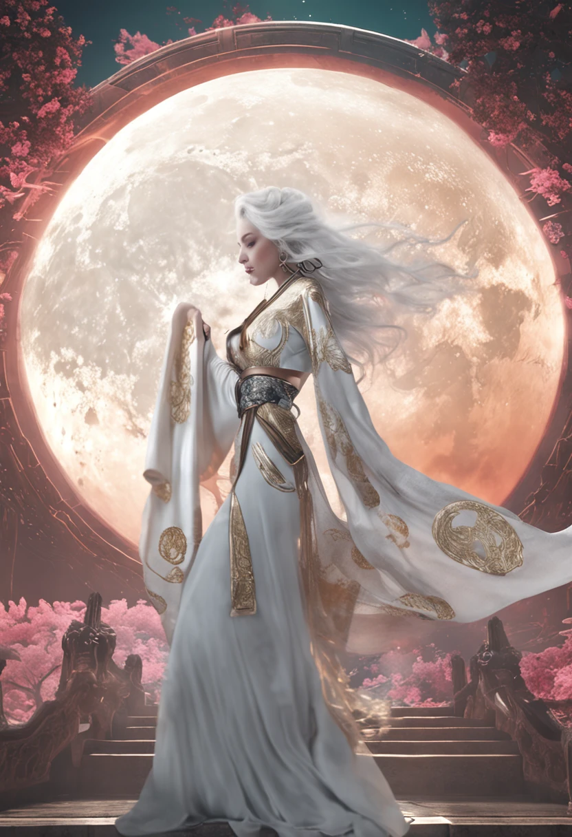 RAW photograph full length portrait of the goddess of the moon、pale skin, erotic, See-through robes, General decoration, temple, radiant, white hair