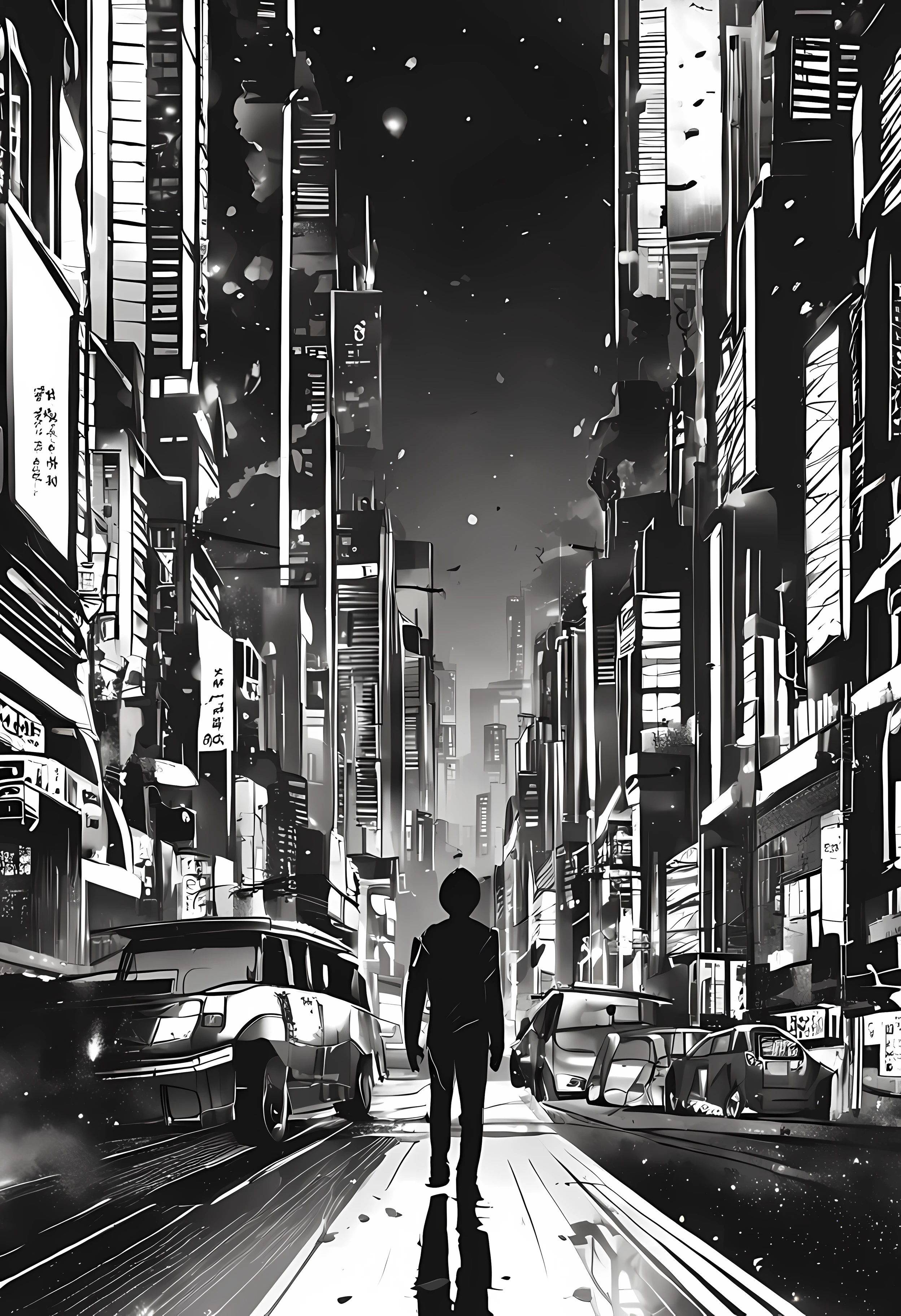 [Create a stunning black and white night cityscape inspired by the style of Sui Ishida's Tokyo Ghoul.]