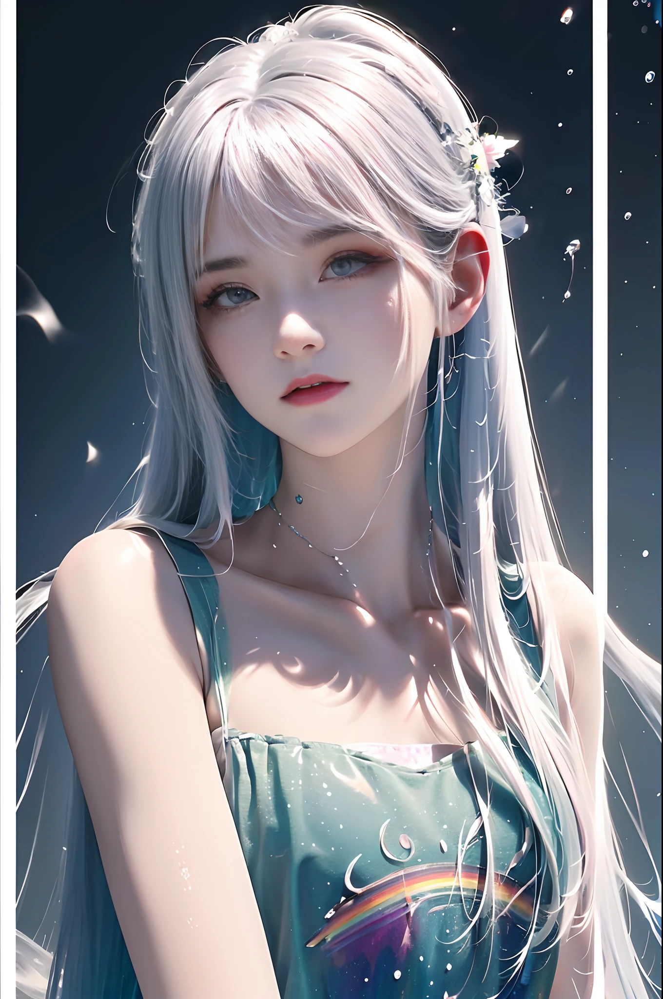 (Pink fashion T-shirt: 1.9), (Colorful hair: 1.8), (Rainbow all colors: 1.8), (((Vertical painting: 1.6))), (Painting: 1.6), Front, manga, illustration, painting, big eyes, crystal clear, (rainbow gradient high ponytail: 1.7), delicate makeup, shut up, (small freshness: 1.5), (bandeau: 1.6), long eyelashes, white off-the-shoulder T- shirt, White Shoulder Shirt, looking at the audience, Big watery eyes, (rainbow hair: 1.6), color splash, (solo:1.8), color splash, color explosion, colour splash, color explosion, thick lacquer style, messy lines, ((shining)), (colorful), (colorful), (colorful), colorful, Thick Paint Style, (Splash) (Color Splash), Vertical Painting, Upper Body, Paint Splash, Acrylic Pigment, Gradient, Paint, Highest Image Quality, Masterpiece, Solo, Depth of Field, Face Paint, colorful clothes, (elegance: 1.2), gorgeous, long hair, wind, (elegance: 1.3), (petals: 1.4), ((masterpiece))), ((best quality))), (ultra-detailed), (illustration), (dynamic angle), (floating), (paint), ((loose hair)), (solo), (1girl), ( ( ( detailed anima face))), (( Beautiful detailed face)), collar, exposed shoulders, white hair, ((colored hair)), ((striped hair)), beautiful detailed eyes, (gradient eyes), (colored eyes))), (colored background))), (high saturation))), ((surrounded by colorful splashes))),