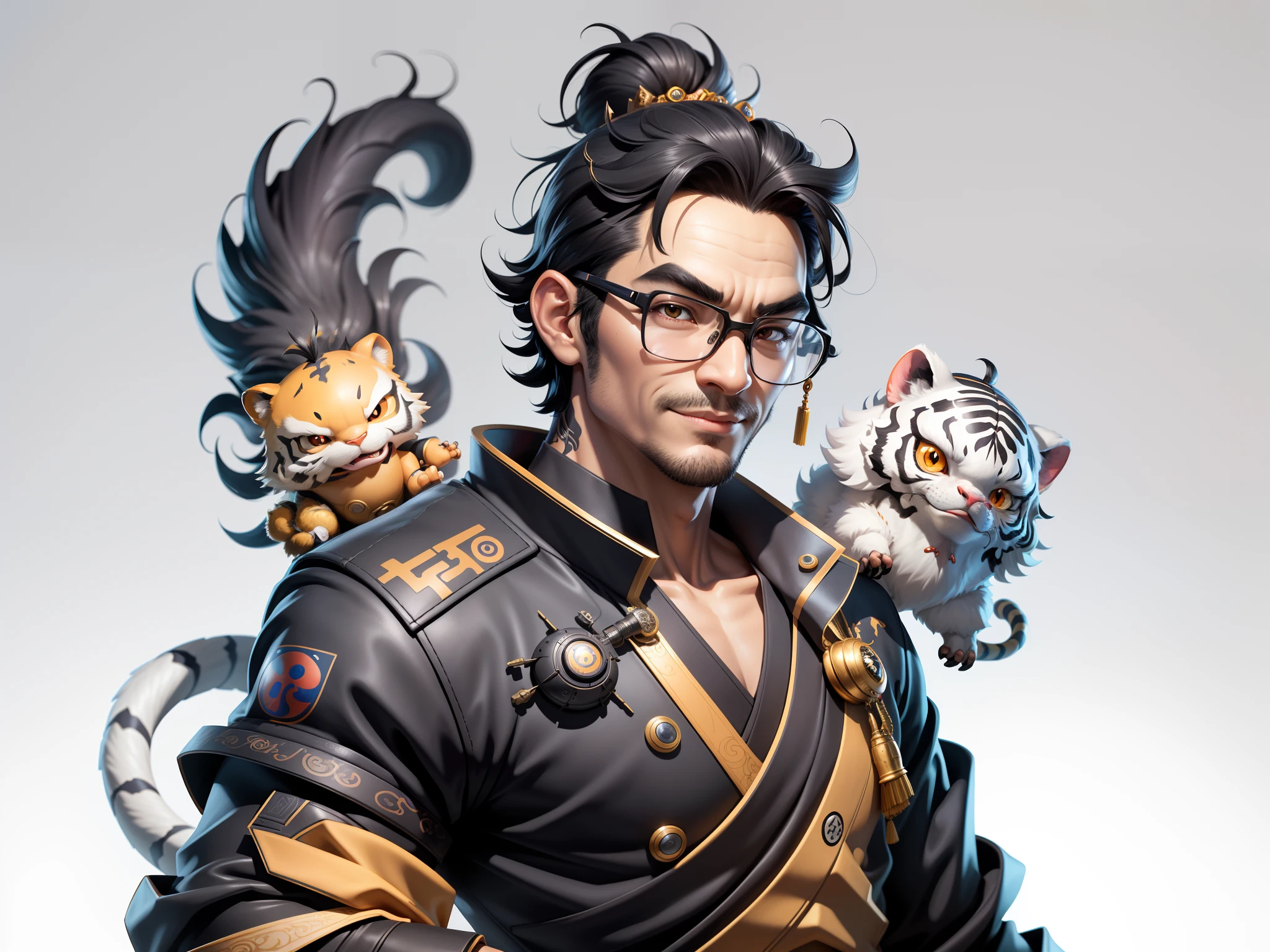 (Masterpiece), (Excellent), (Super Meticulous), (Full Body: 1.2), Super Young Man with Japanese Female Geisha, Pretty, Beautiful, Chinese Dragon, Tiger, Wind God Thor, Sexy, Bursting, Oriental Face, TV Anchor, Bust Portrait Illustration, Black Suit, Blue Tie, Slightly Chubby Face, Silver Glasses, Very Clean Face, No Beard on Chin, Black Super Short Hair, Black Eyes, Confident Smile, 3c Computer Sub-Products, iPad, iPhone, Digital Painting, 3D character design by Mark Clairedon and Pixar and Hayao Miyazaki and Akira Toriyama, the illustrations are HD illustrations in 4K resolution with highly detailed facial features and cartoon-style visuals.