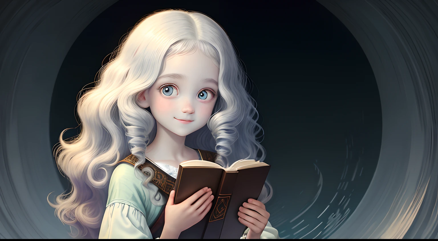 Disney，1girll，Holding a book in hand，White skin ，Big black wavy curls，largeeyes，self-assured，ssmile，looking to the camera，delicated，super detailing，Face details，background detail，ultra-detailliert，tmasterpiece