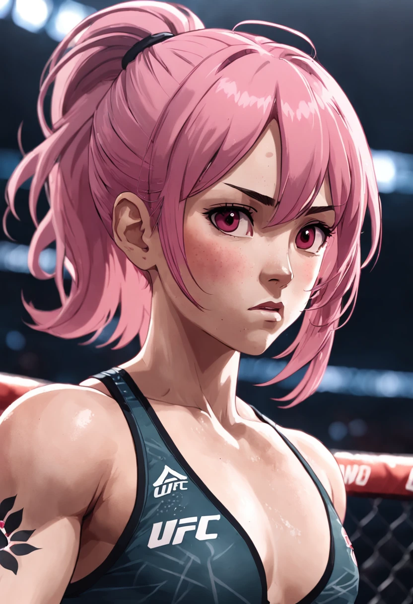 "A powerful and commanding female UFC fighter with a striking pink hairstyle radiating intensity and unwavering confidence."