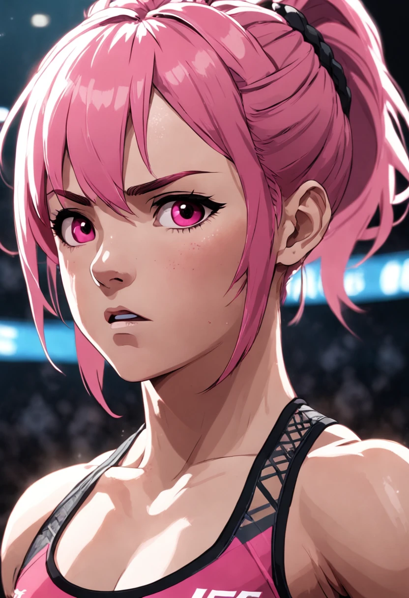 "A powerful and commanding female UFC fighter with a striking pink hairstyle radiating intensity and unwavering confidence."
