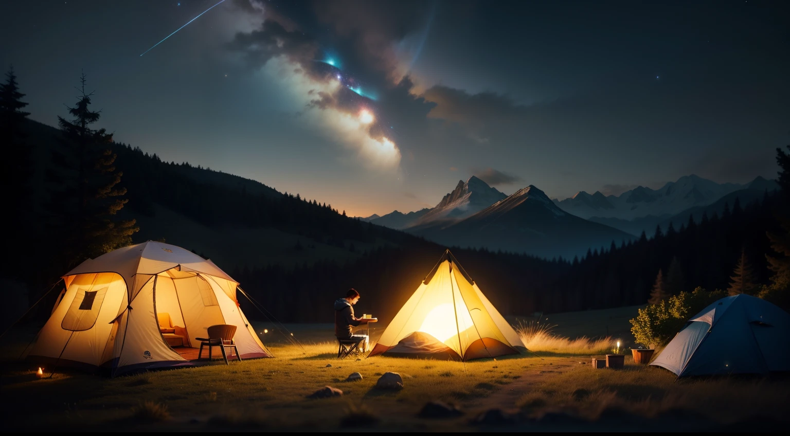 Expansive landscape photograph，（look from down，Above is the sky，Below is an open lawn），Triangle tent，A young couple looking at the stars，starrysky，（moon full：1.2），（meteors：0.9），（Starcloud：1.3），Triangle tent，Hillside camping tents, bonfires, luz de velas，Rose blanche，Other details,Far Mountain, Tree BREAK making art，（Warm light source：1.2），（glowworm：1.2），lamp lights，Lots of purple and orange，Complicated details，Volumetriclighting，Realism BREAK，Natural elements in camping theme。Mysterious mountain view，Beautiful summer night sky，great outdoors，Surrounded by white roses，Delicate leaves and branches are surrounded by fireflies（nature elements），（"camping" Theme），（glowworm），（Particle effect）and other 3D， Octane rendering，Ray traching，Super meticulous