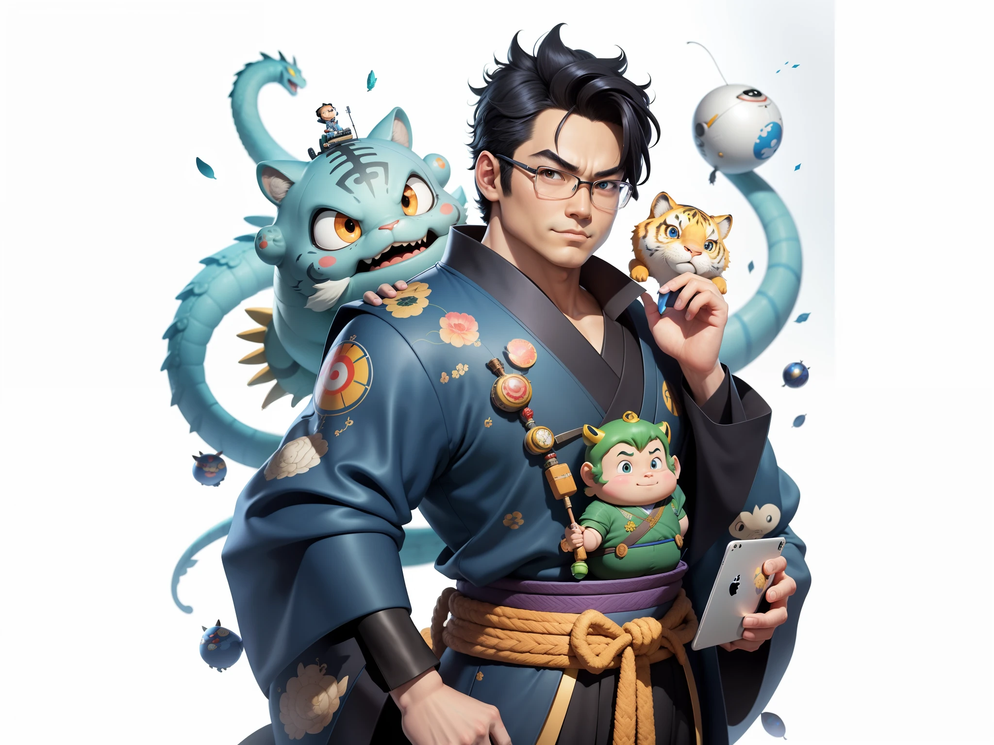 Young man with oriental face in leather hat, dragon, formal suit, short black hair, silver glasses, digital painting, 3D character design by Mark Clairedon and Pixar and Hayao Miyazaki and Akira Toriyama, the illustration is a high-definition illustration in 4K resolution with very detailed facial features and cartoon-style visuals.