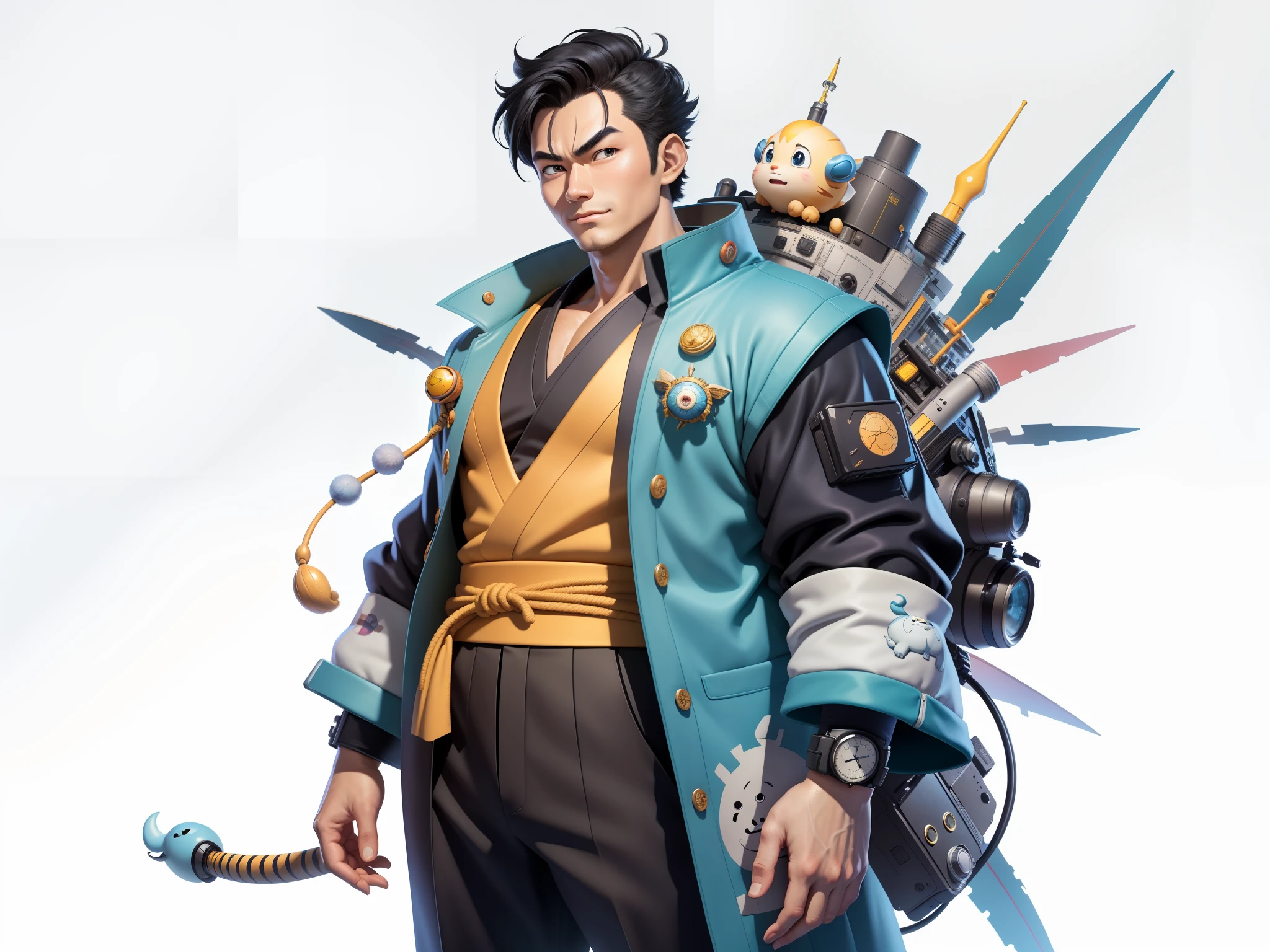 (Masterpiece), (Excellent), (Super Meticulous), (Full Body: 1.2), Super Young Man, Oriental Face, Japanese Kimono, Japanese Wind Thunder God, Dragon, Tiger, TV Anchor, Bust Portrait Illustration, Alone, Black Suit, Blue Tie, Slightly Chubby Face, Very Clean Face, No Beard, Black Super Short Hair, Black Eyes, Confident Smile, 3c Computer Sub-Products, iPad, iPhone, Digital Painting, 3D Character Design by Akira Toriyama and Mark Claireden and Pixar and Hayao Miyazaki, The illustration is a high-definition illustration in 4K resolution with very detailed facial features and cartoon-style visuals.