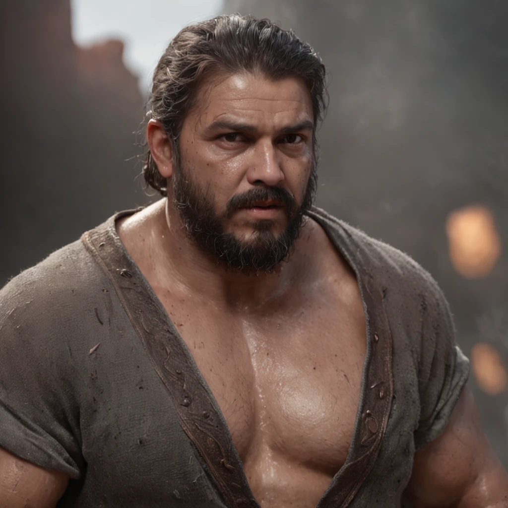 (Professional 3D rendering:1.3) de (Realistic:1.3) Foto de arte mais bonita do mundo,Features fat and bearded man in basement, ((Epic hero fantasy rough muscular man wet hero angry look long hair short beard and fierce expression in dynamic pose, fantastic location, majestoso ambiente desordenado)), corpo inteiro 8k unidade render, action shot, poros da pele, very dark lighting, sombreamento pesado, circunstanciado, Rosto detalhado, (vibrante, fotogrdeia realista, Realistic, Dramatic, Escuro, foco nítido, 8k), (Old leather clothes damaged by bad weather:1.4), ((((Use peles)))), (intrincado:1.4), decadente, (altamente detalhado:1.4), pintura digital, rendering by octane, art stations, Conceito-Arte, liso, foco nítido, illustration, germe da arte, (Loish:0.23), Wlop Ilya Kuvshinov, e Greg Rutkowski e Alphonse Mucha Gracias, (global ilumination, studiolight, Light Volumetric), chuva forte, floating particles, patife, fantasia, Onze, corpo inteiroesbian, ((Fundo escuro e antigo da cidade:1.3)),CGSesociedade,art stations