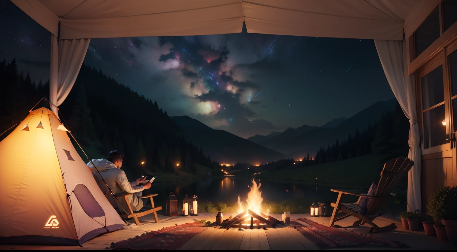 Expansive landscape photograph，（look from down，Above is the sky，Below is an open lawn），Triangle tent，A young couple looking at the stars，starrysky，（moon full：1.2），（meteors：0.9），（Starcloud：1.3），Triangle tent，Hillside camping tents, bonfires, luz de velas，Rose blanche，Other details,Far Mountain, Tree BREAK making art，（Warm light source：1.2），（glowworm：1.2），lamp lights，Lots of purple and orange，Complicated details，Volumetriclighting，Realism BREAK，Natural elements in camping theme。Mysterious mountain view，Beautiful summer night sky，great outdoors，Surrounded by white roses，Delicate leaves and branches are surrounded by fireflies（nature elements），（"camping" Theme），（glowworm），（Particle effect）and other 3D， Octane rendering，Ray traching，Super meticulous