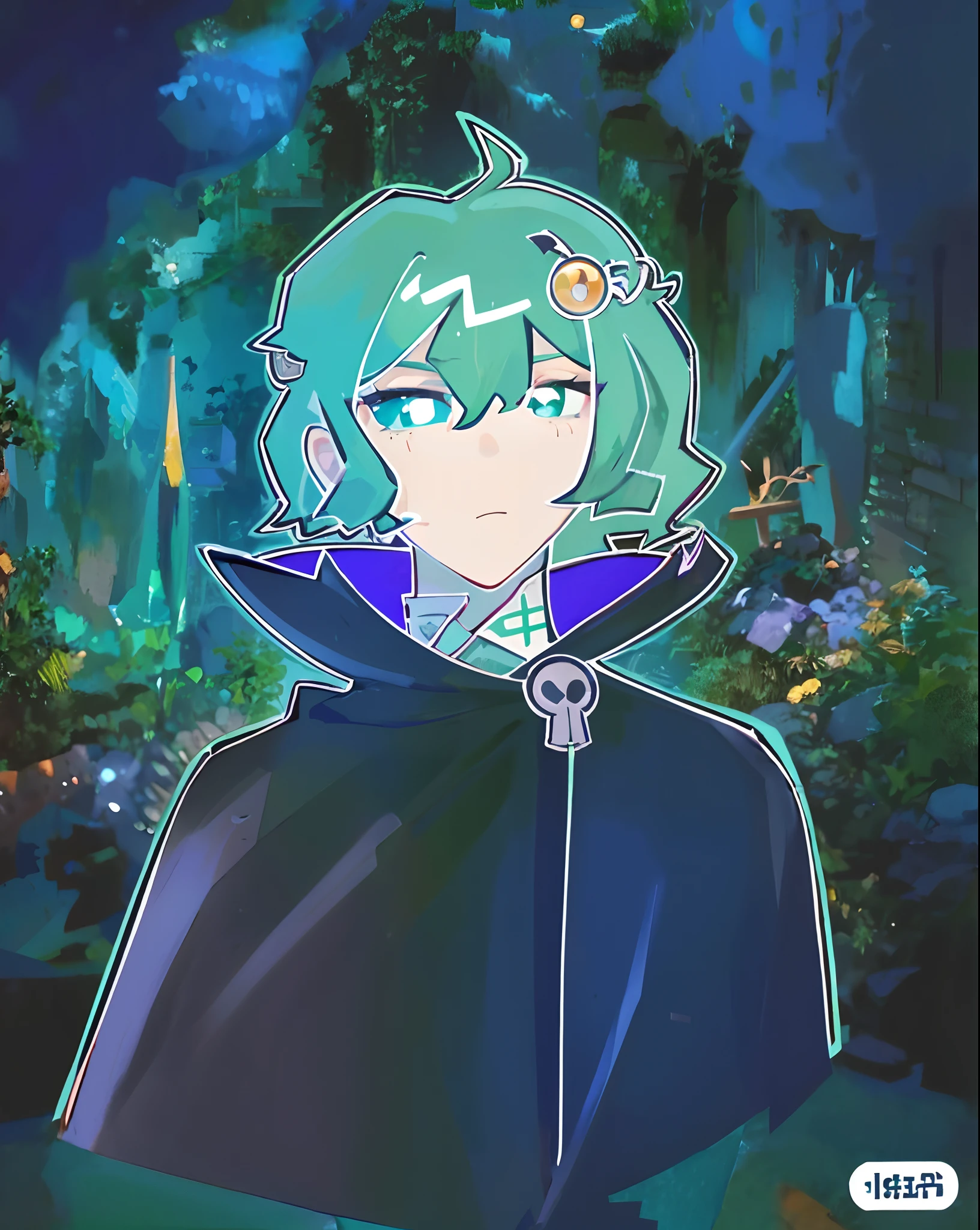 solo person，male people，Heteropupil，Mint green curls，short detailed hair，Vampire cape，Mint green eyes，bandagens