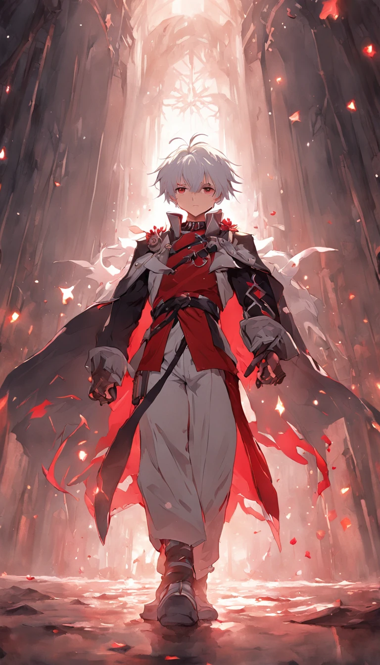 (master part) No mundo da fantasia medieval, A dynamic and epic scene unfolds as a boy with artfully combed white hair and red eyes walks confidently through a dark dungeon. His costume consists of a white suit that accentuates his powerful presence. in her hands, magia do fogo, pronto para enfrentar qualquer inimigo