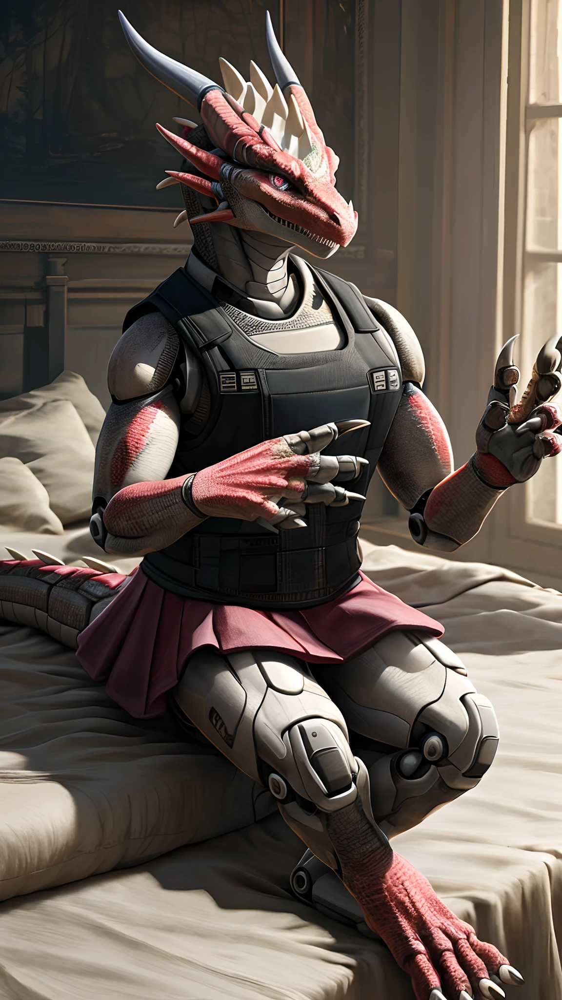 Bionic robot dragon,female,Gilet blanc,Short pink skirt,sit on a bed,HD graphics,Detailed and realistic,high detal,high qulity,photo-realistic,photorealistic eye,Detailed paws,Clear eyes,Masterpiece artwork,Five-fingered hands