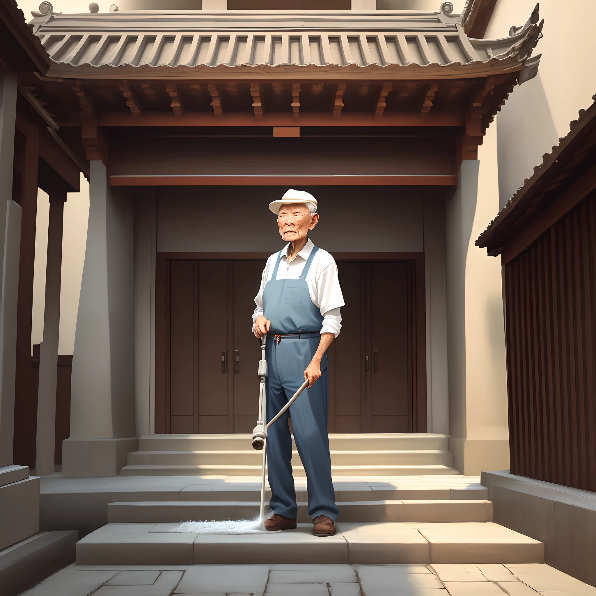 An old man cleaning in the temple courtyard