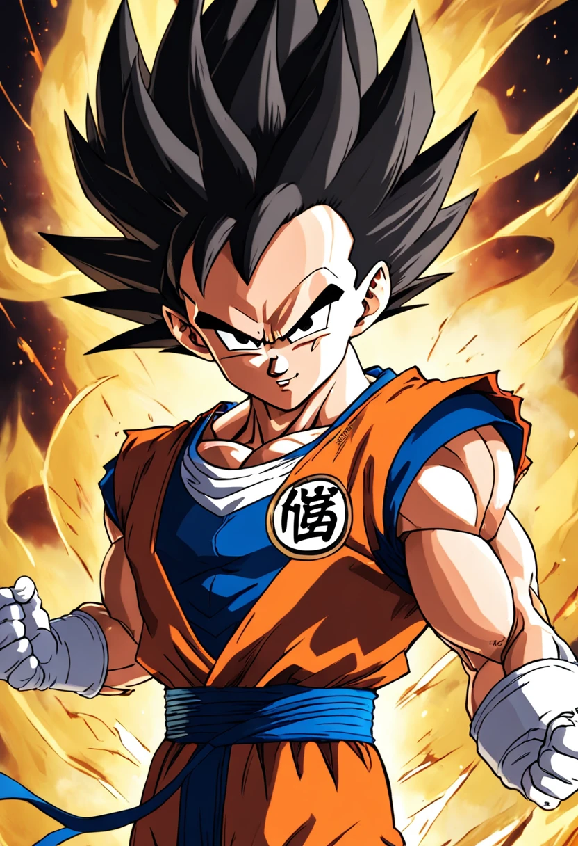 "Create a dynamic movie poster in the iconic style of Akira Toriyama's Dragon Ball Z, featuring Vegeta unleashing his full power as he transforms into Super Saiyan."
