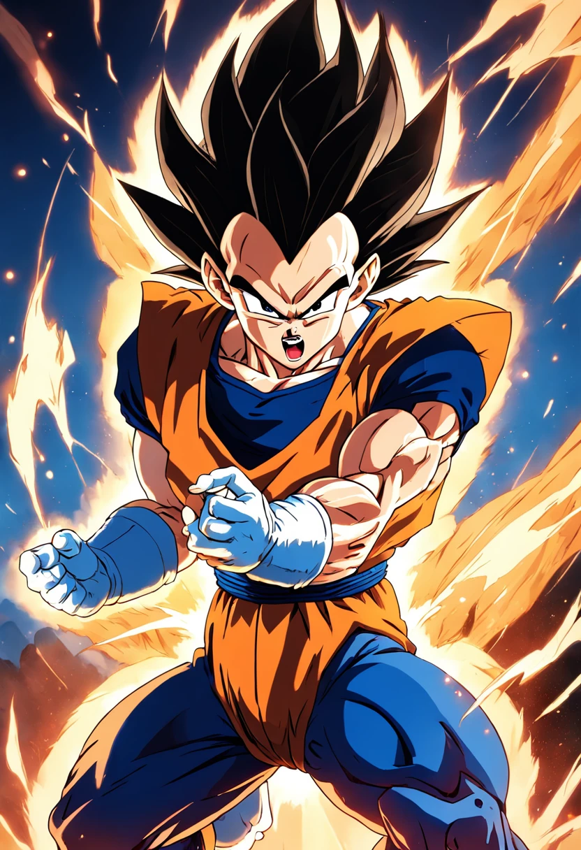 "Create a dynamic movie poster in the iconic style of Akira Toriyama's Dragon Ball Z, featuring Vegeta unleashing his full power as he transforms into Super Saiyan."