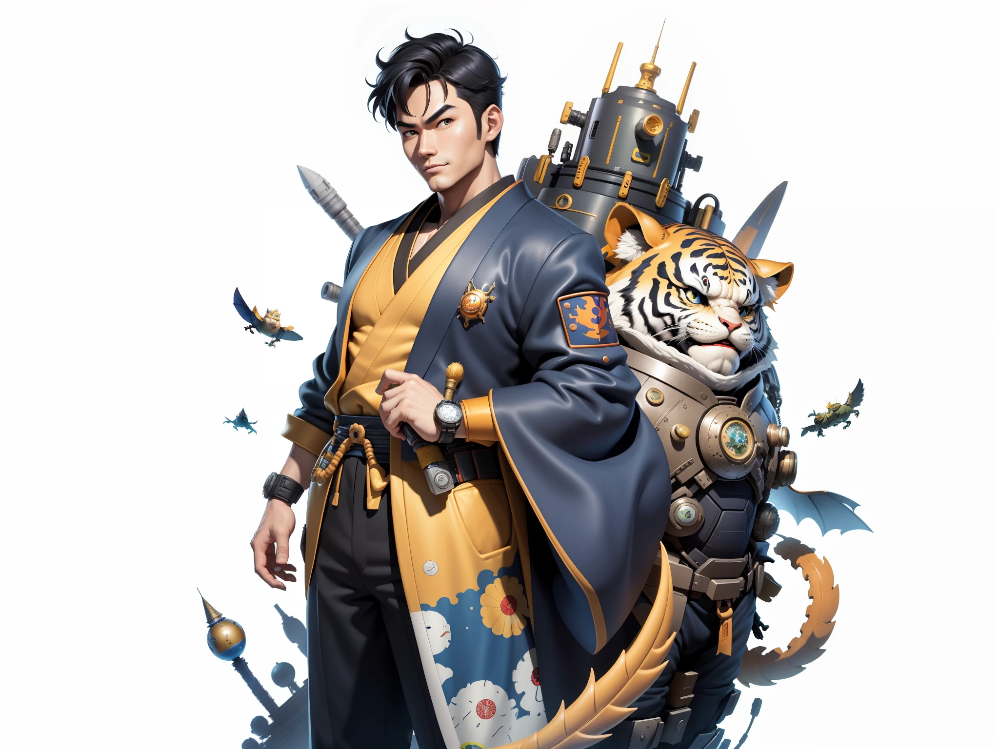 (Masterpiece), (Excellent), (Super Meticulous), (Full Body: 1.2), Super Young Man, Oriental Face, Japanese Kimono, Japanese Wind Thunder God, Dragon, Tiger, TV Anchor, Bust Portrait Illustration, Alone, Black Suit, Blue Tie, Slightly Chubby Face, Very Clean Face, No Beard, Black Super Short Hair, Black Eyes, Confident Smile, 3c Computer Sub-Products, iPad, iPhone, Digital Painting, 3D Character Design by Akira Toriyama and Mark Claireden and Pixar and Hayao Miyazaki, The illustration is a high-definition illustration in 4K resolution with very detailed facial features and cartoon-style visuals.