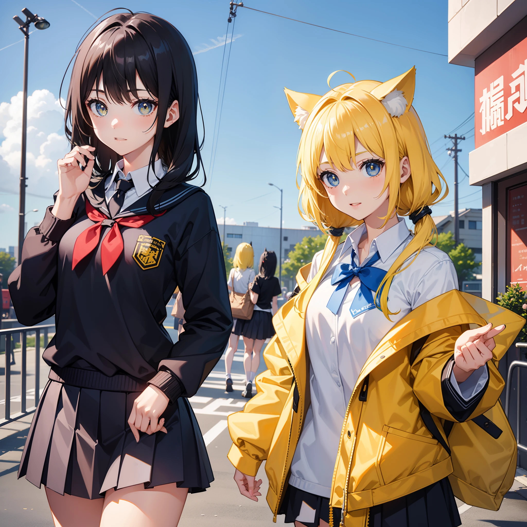 2girls，4k画质，A girl with yellow cat ears and yellow hair，Blue pupil。and an 18-year-old schoolgirl with short dark blue hair and sky-blue pupils in civilian clothes。