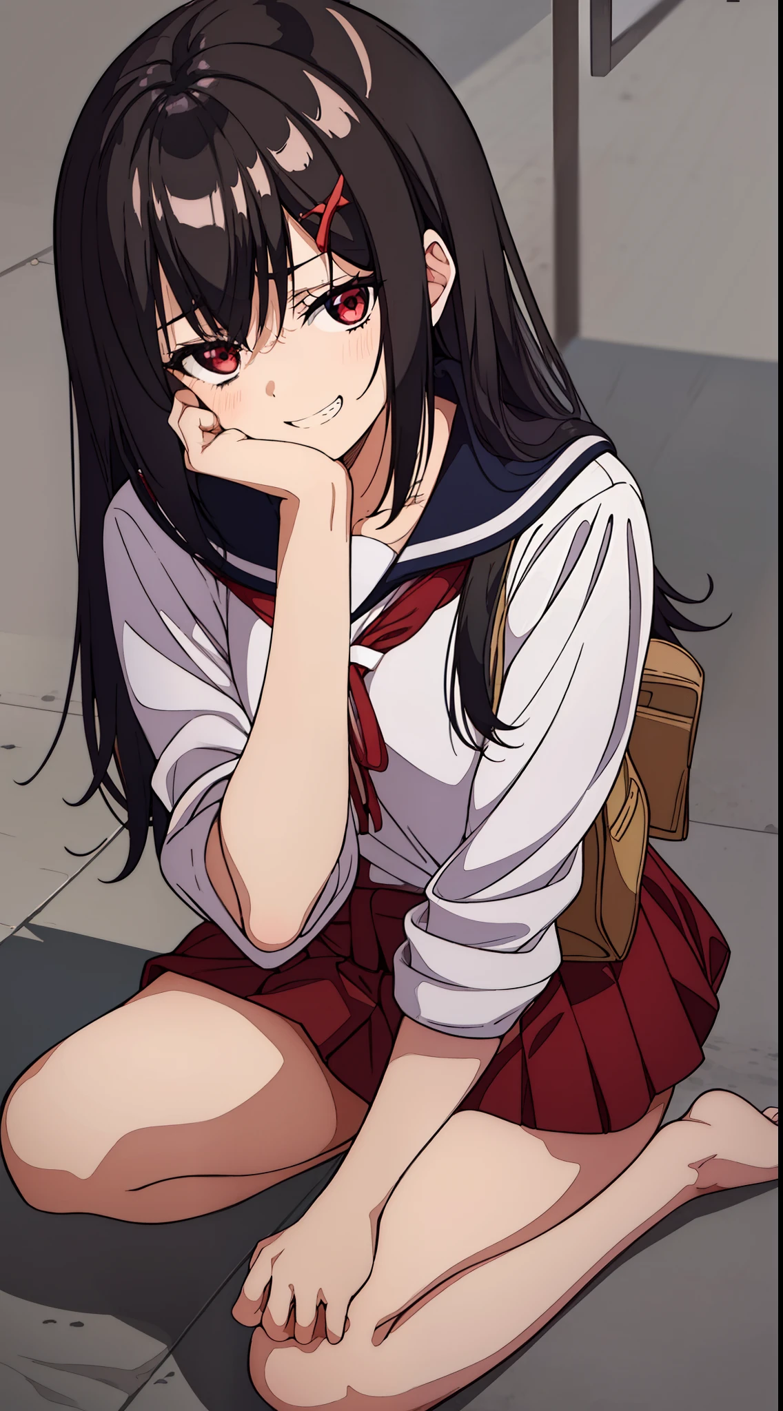 (One  girl) with black hair, unkempt hair,,,,,,,,,, messy  hair, red tired eyes, In Japanese school uniform, bare feet. bags under eyes, Lots of eye shadow,, yandere, Crazy evil smile with teeth with a contemptuous look from above