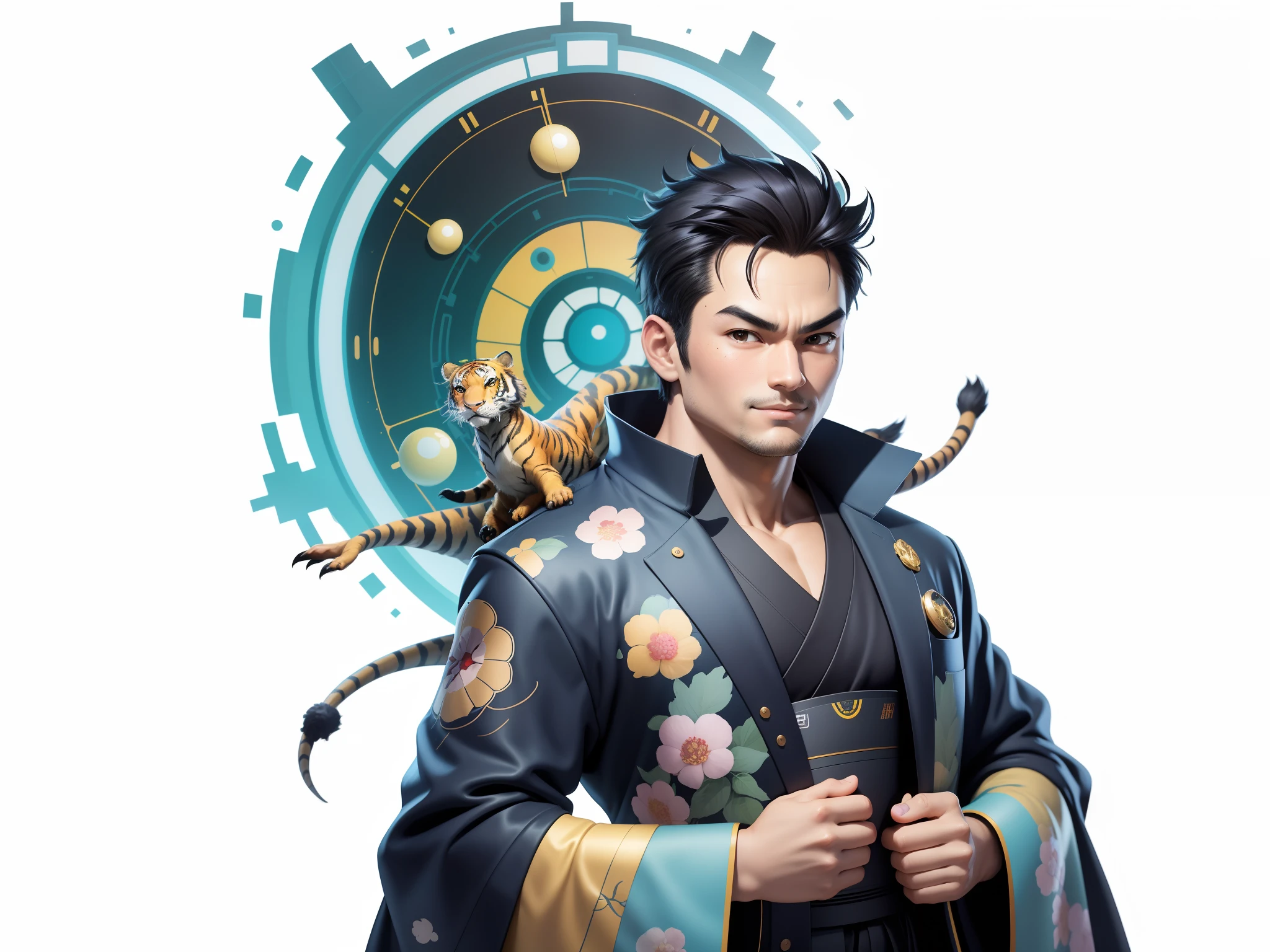 (Masterpiece), (Excellent), (Super Meticulous), (Full Body: 1.2), Super Young Man, Oriental Face, Japanese Kimono, Japanese Wind Thunder God, Dragon, Tiger, TV Anchor, Bust Portrait Illustration, Alone, Black Suit, Blue Tie, Slightly Chubby Face, Very Clean Face, No Beard, Black Super Short Hair, Black Eyes, Confident Smile, 3c Computer Sub-Products, iPad, iPhone, Digital Painting, 3D Character Design by Akira Toriyama and Mark Claireden and Pixar and Hayao Miyazaki, The illustration is a high-definition illustration in 4K resolution with very detailed facial features and cartoon-style visuals.