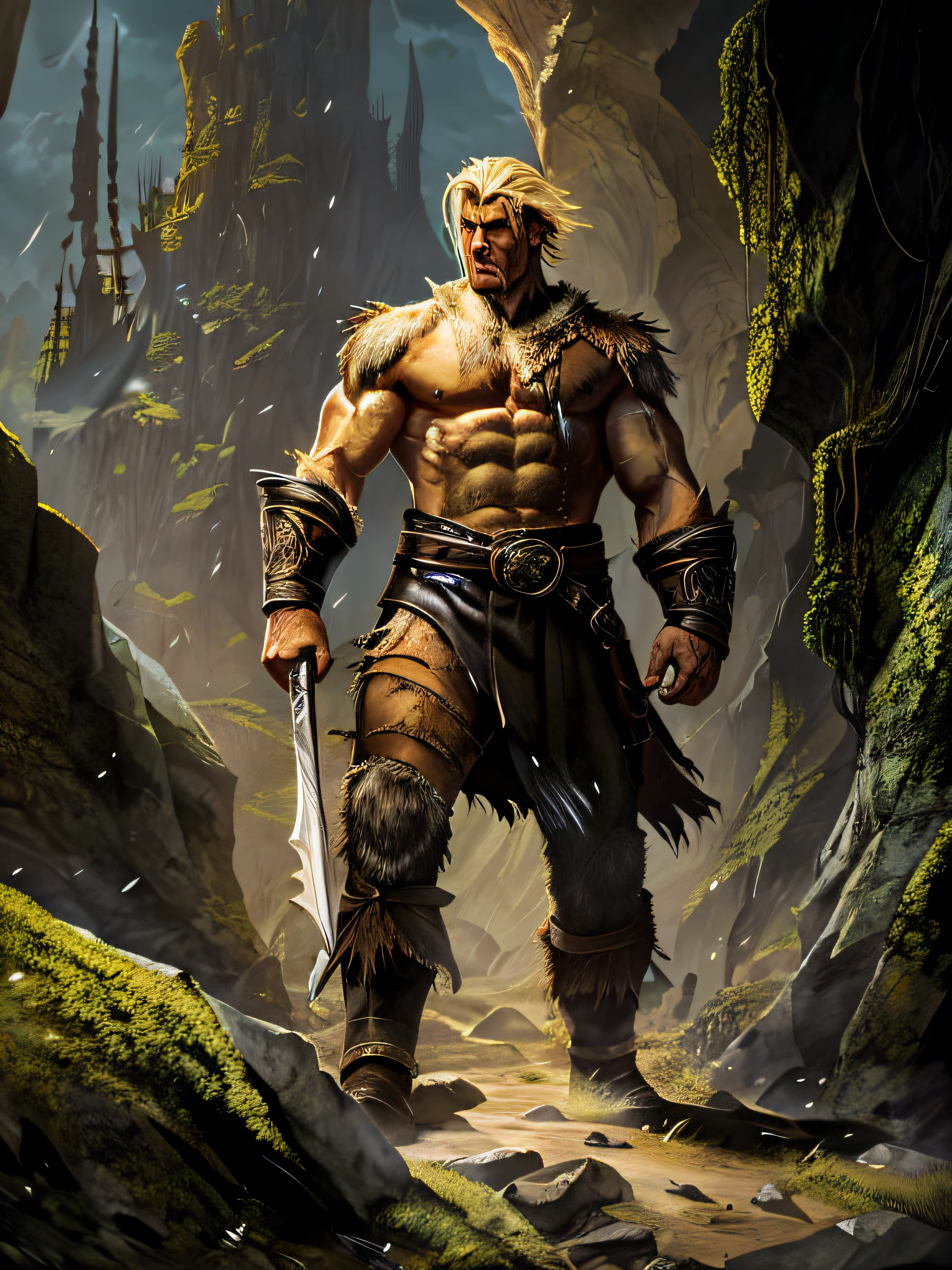 Beowulf, the epic sense, a warrior in torn leather, muscular, scarred, short blond hair, tall, noble, extremely strong, with a dim cave in the background, a shadow in the distance, high contrast, glossy skin, backlit