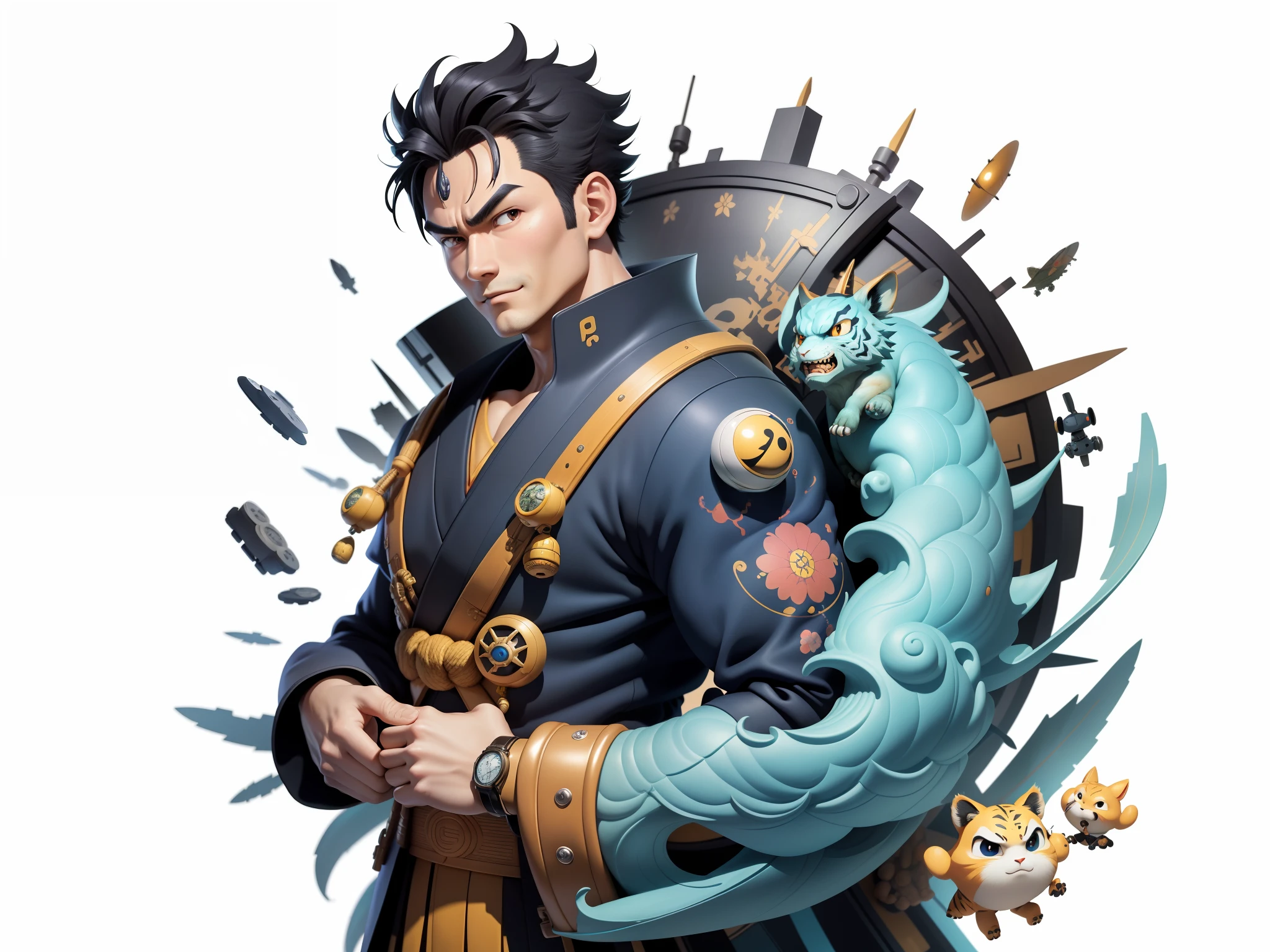 (Masterpiece), (Excellent), (Super Meticulous), (Full Body: 1.2), Super Young Man, Oriental Face, Japanese Kimono, Japanese Wind Thunder God, Dragon, Tiger, TV Anchor, Bust Portrait Illustration, Alone, Black Suit, Blue Tie, Slightly Chubby Face, Very Clean Face, No Beard, Black Super Short Hair, Black Eyes, Confident Smile, 3c Computer Sub-Products, iPad, iPhone, Digital Painting, 3D Character Design by Akira Toriyama and Mark Claireden and Pixar and Hayao Miyazaki, The illustration is a high-definition illustration in 4K resolution with very detailed facial features and cartoon-style visuals.