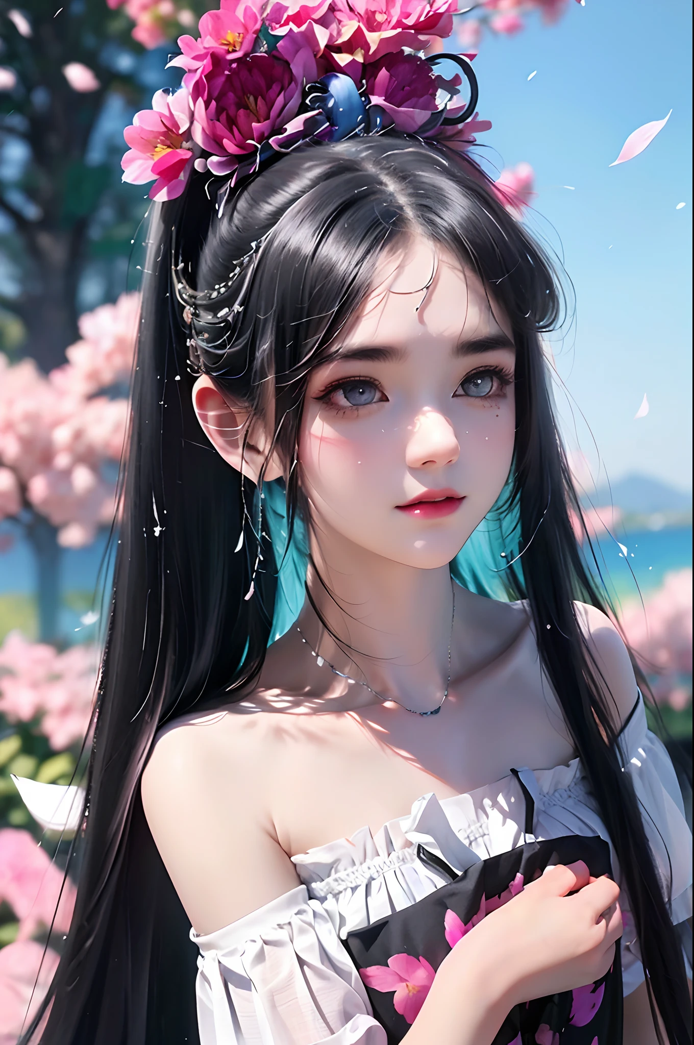 (Pink fashion T-shirt: 1.9), (Colorful hair: 1.8), (Rainbow all colors: 1.8), (((Vertical painting: 1.6))), (Painting: 1.6), Front, manga, illustration, painting, big eyes, crystal clear, (rainbow gradient high ponytail: 1.7), delicate makeup, shut up, (small freshness: 1.5), (bandeau: 1.6), long eyelashes, white off-the-shoulder T- shirt, White Shoulder Shirt, looking at the audience, Big watery eyes, (rainbow hair: 1.6), color splash, (solo:1.8), color splash, color explosion, colour splash, color explosion, thick lacquer style, messy lines, ((shining)), (colorful), (colorful), (colorful), colorful, Thick Paint Style, (Splash) (Color Splash), Vertical Painting, Upper Body, Paint Splash, Acrylic Pigment, Gradient, Paint, Highest Image Quality, Masterpiece, Solo, Depth of Field, Face Paint, colorful clothes, (elegance: 1.2), gorgeous, long hair, wind, (elegance: 1.3), (petals: 1.4), ((masterpiece))), ((best quality))), (ultra-detailed), (illustration), (dynamic angle), (floating), (paint), ((loose hair)), (solo), (1girl), ( ( ( detailed anima face))), (( Beautiful detailed face)), collar, exposed shoulders, white hair, ((colored hair)), ((striped hair)), beautiful detailed eyes, (gradient eyes), (colored eyes))), (colored background))), (high saturation))), ((surrounded by colorful splashes))),
