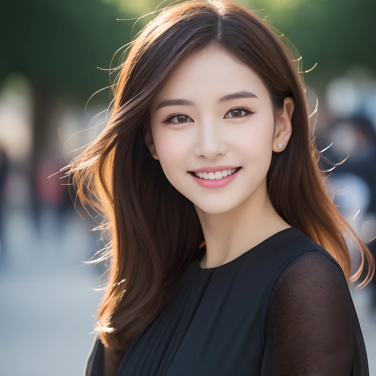 ((Best quality, 8k, Masterpiece :1.3)), 1girl, smiling, full body, slim face, Pretty woman, (Dark brown hair), full length dress :1.1, Ultra-detailed face, Detailed eyes, Double eyelid, blur background, slim face, city, outside, street,