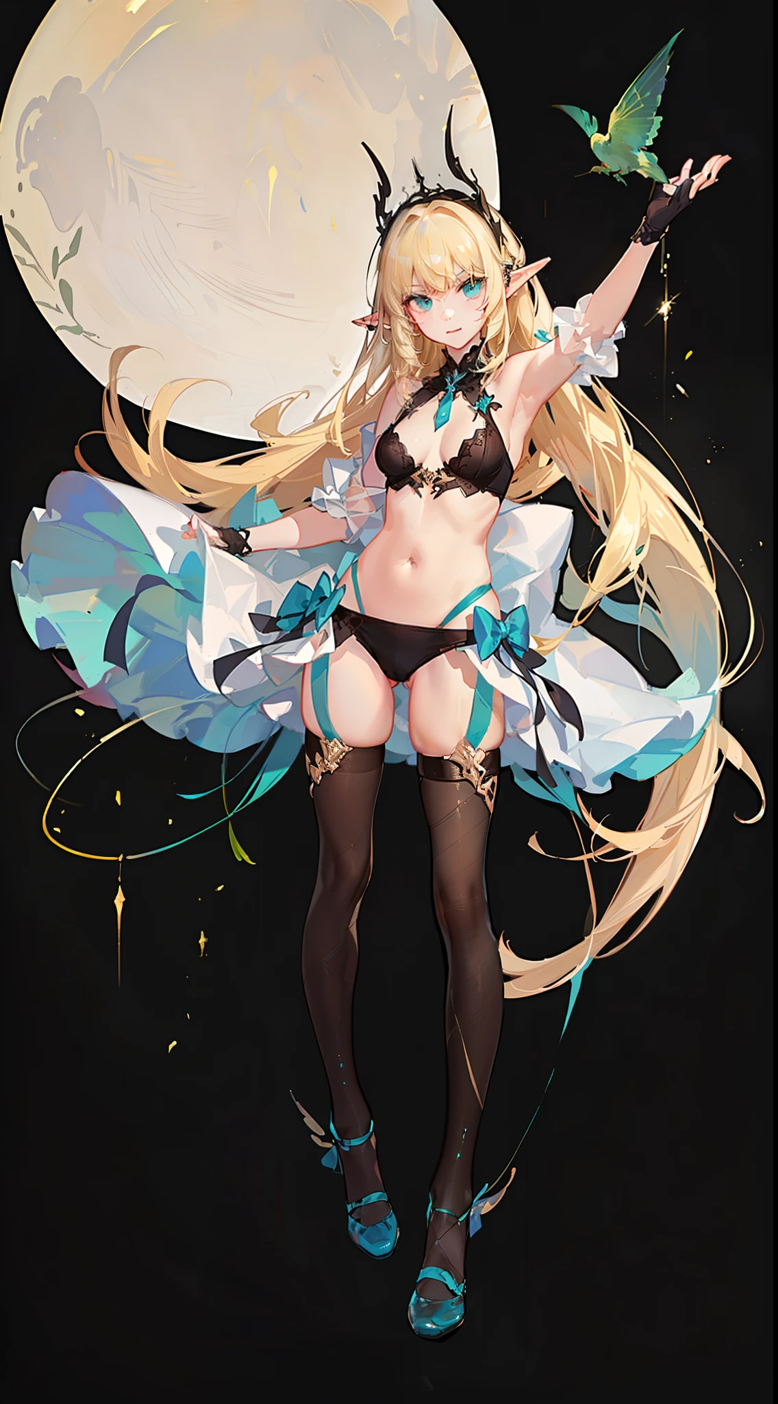 Young boy, long blonde hair, elf ears, turquoise eyes, yellow right top, short, transparent, open belly, fishnet tights, Masterpiece, hiquality