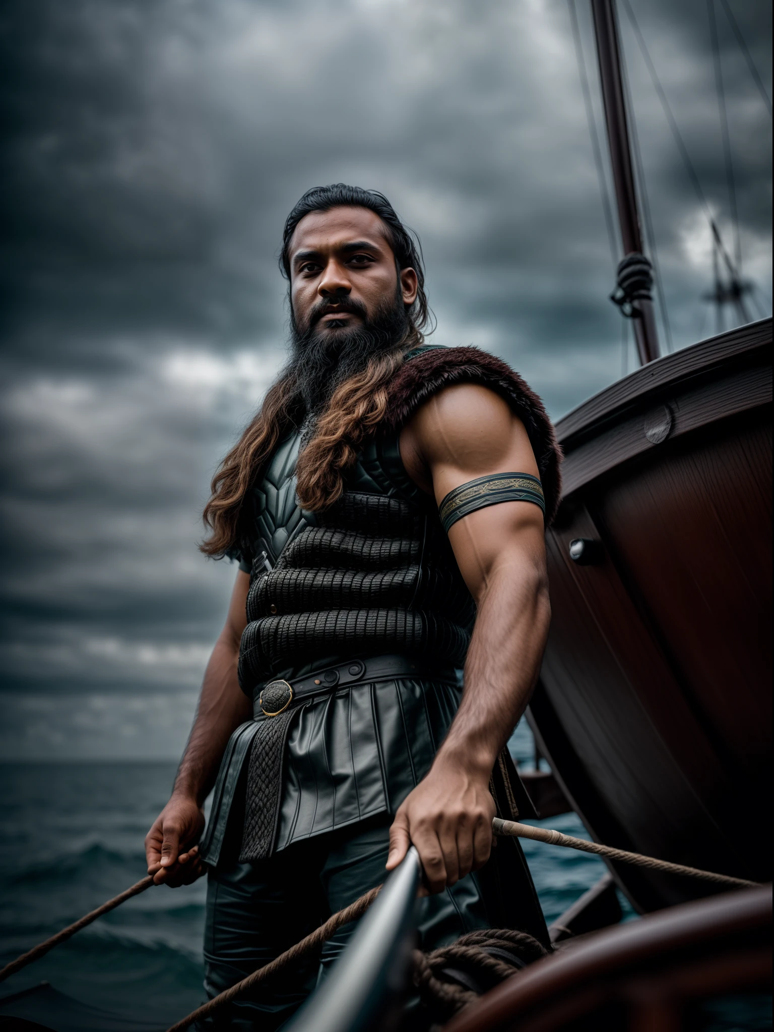 Realistic 8k image of Bangladeshi cricketer Tamim Iqbal as Ragnar Lothbrok (with black hair) onboard a viking longship, front face ((low angle hero shot)), (Upper body closeup), show Tamim Iqbal as Ragnar navigating treacherous waters, Tamim Iqbal as Ragnar is navigating his crew, show Tamim Iqbal commanding the ship crew, this scene will be dark and scary, highlighting Tamim Iqbal sailing on treacherous waters, dark tones with moonlit seas, dark and intimidating atmosphere like Viking TV series colour tone, ((sharp focus on portrait)), (balanced composition), high quality and realistic image, cinematic style, ((Best quality, 8k, Masterpiece), rough face, detailed skin, masterpiece, professional photography, (high detail:1 1), natural skin, (detailed face and eyes), (face: 1 2), noise, real photo, film photography, high resolution, 8k, realistic, 8k UHD, SLR camera, high quality, film grain, (Fujifilm X-T20, Fujifilm Fujinon XF 50mm f/2 R WR lens, Lens focal Length 50mm, Shutter speed 1/300 sec, APERTURE: 2, ISO: 80), volumetric lighting, dark background, dark fantasy, highly detailed, sharp focus, shallow depth of field, bokeh, blurry background, high contrast, contrast lighting, (dim colours), exposure blend, (dusty:1.3)