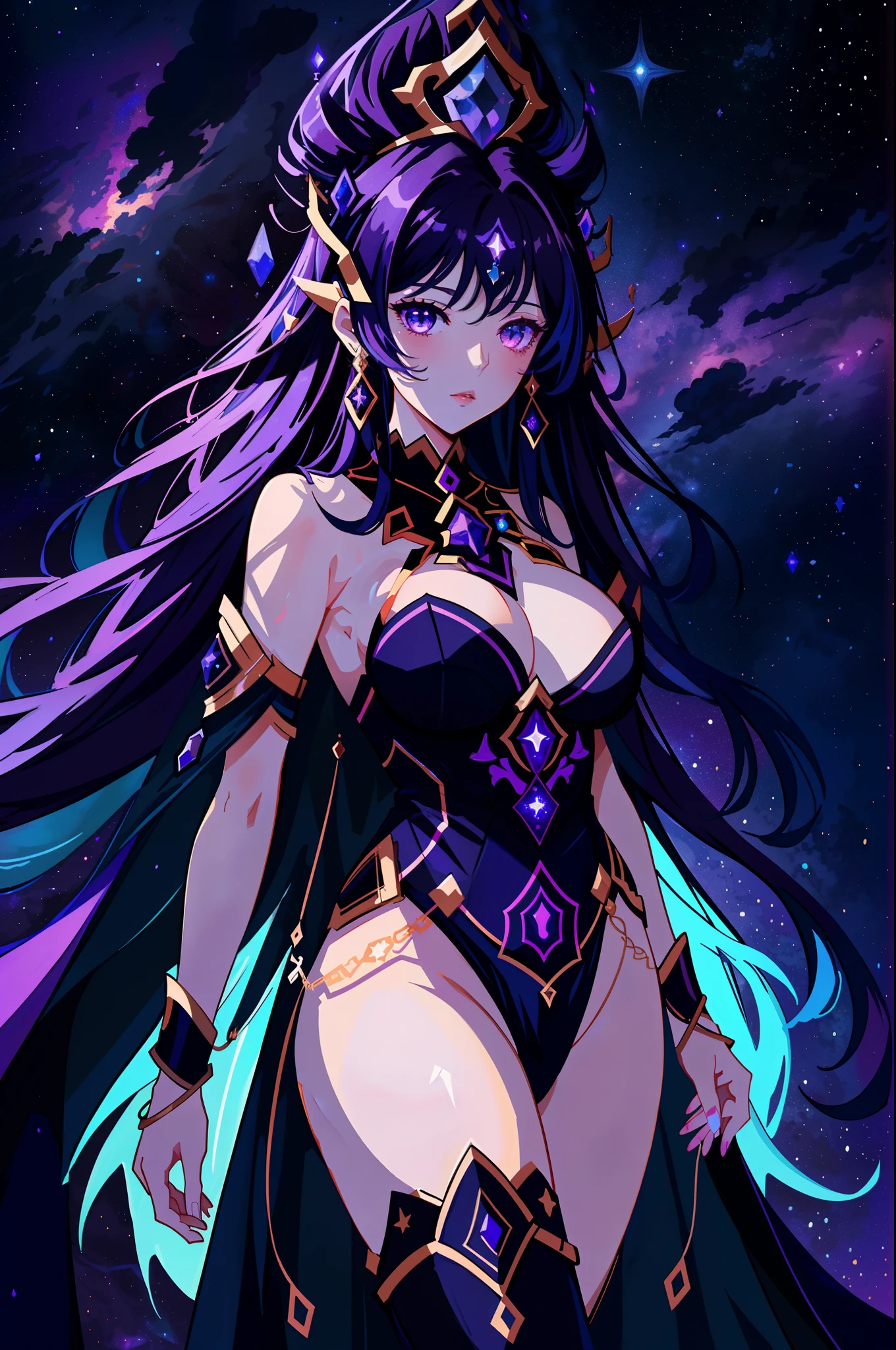 A grand divine cosmic goddess, (2d illustration:1.2), Dark, purple, blue, starry, (imposing), (grand), (1woman:1.3), ((sfw:1.4))