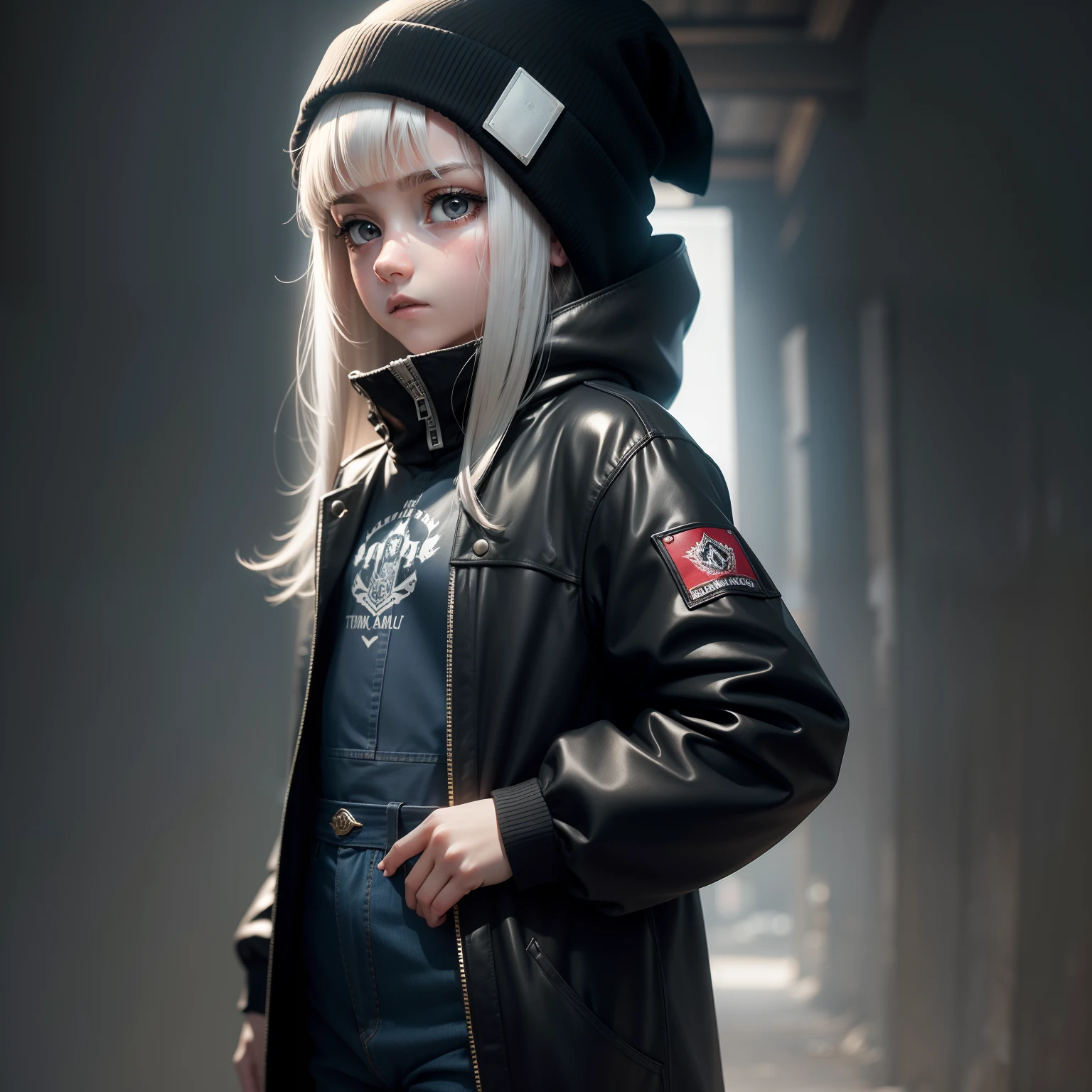 A 10-year-old preteen girl with long, pale skin, cabelo preto liso. olhos grandes e escuros , with an intense and enigmatic expression. wearing a black coat and a denim jumpsuit, com um toque mais elegante e sofisticado, algo que combina com sua personalidade misteriosa e forte. Geral, His appearance would be striking, atraindo olhares curiosos e intrigados. peito achatado, Cinematic lighting, chromatic aberration, Backlighting, master part, Detalhes altos, alta qualidade, 4k. segurando uma revista
