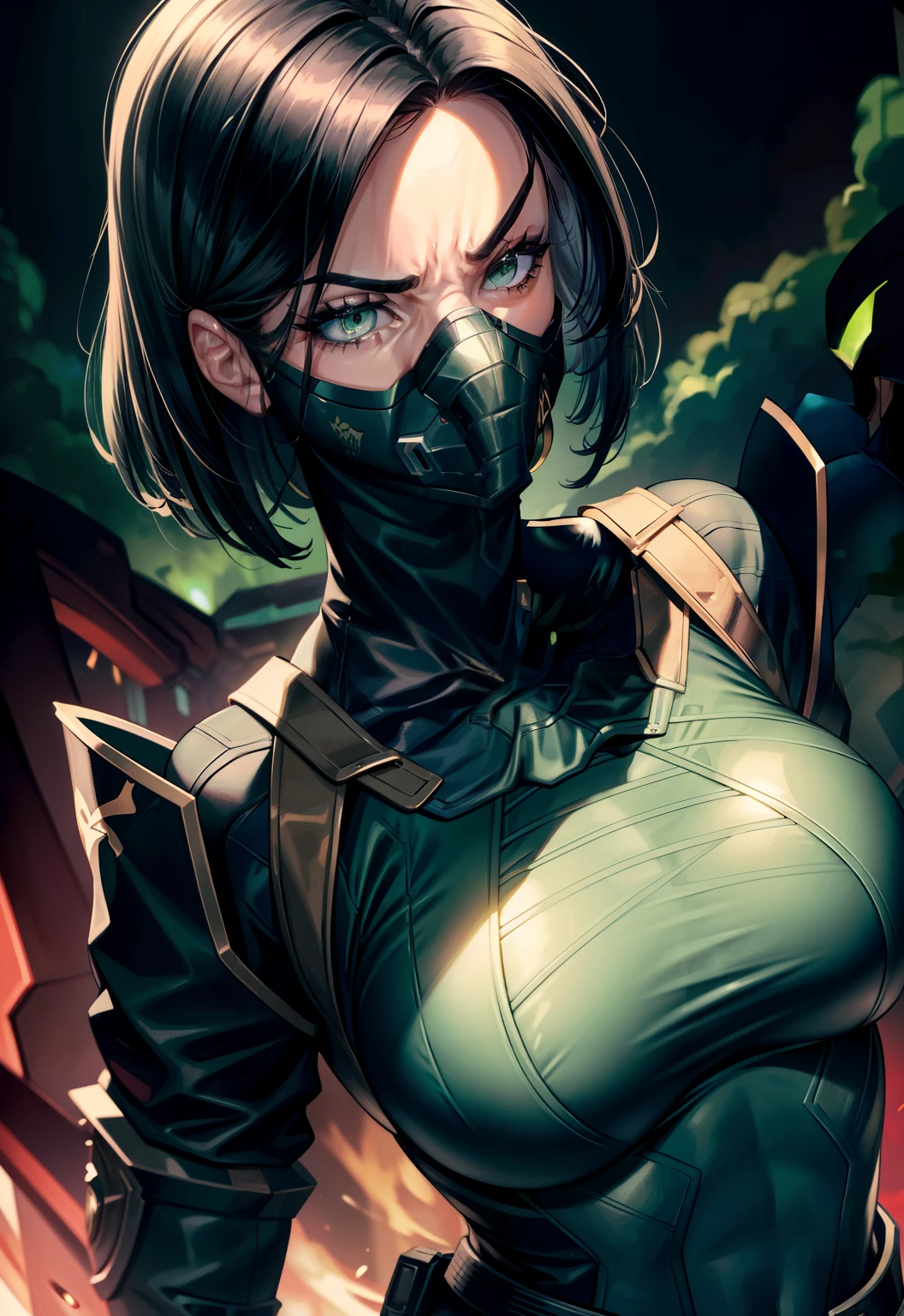 Masterpiece, Best quality,Look at the woman from below ，《Fearless viper》, tightsuit, mitts, belt, thigh boots, respirator, view the viewer, face, Portrait, Close-up, Red-faced，Glowing eyes, green smoke, Black background,huge tit，Raised chest，Close-up of chest，oversized boobs，chest focus，Woman in a swimsuit，angry look，Extremely erotic figure，Staring angrily at the screen，Facing the screen，High-gloss dark style