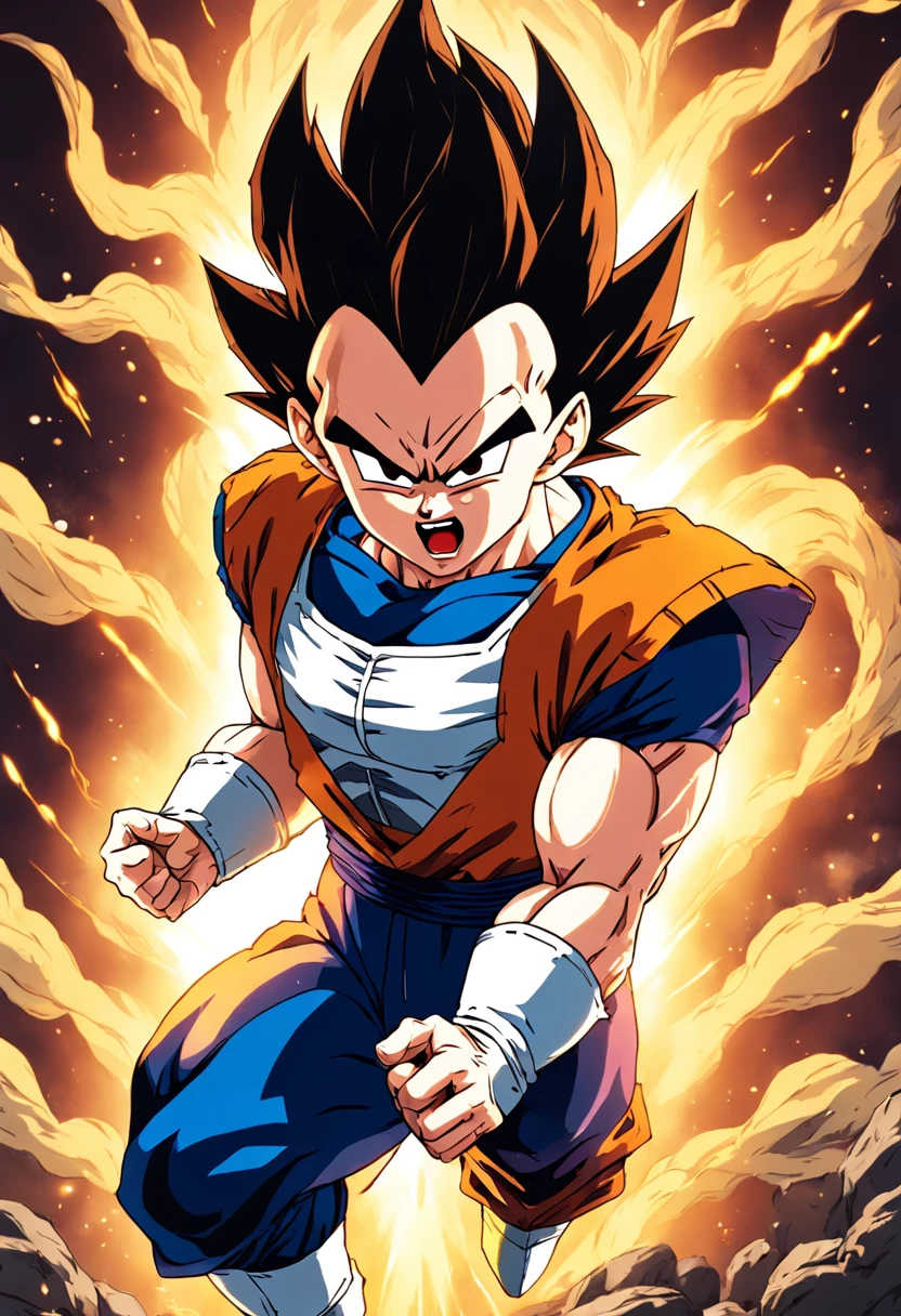 "Create a dynamic movie poster in the iconic style of Akira Toriyama's Dragon Ball Z, featuring Vegeta unleashing his full power as he transforms into Super Saiyan."