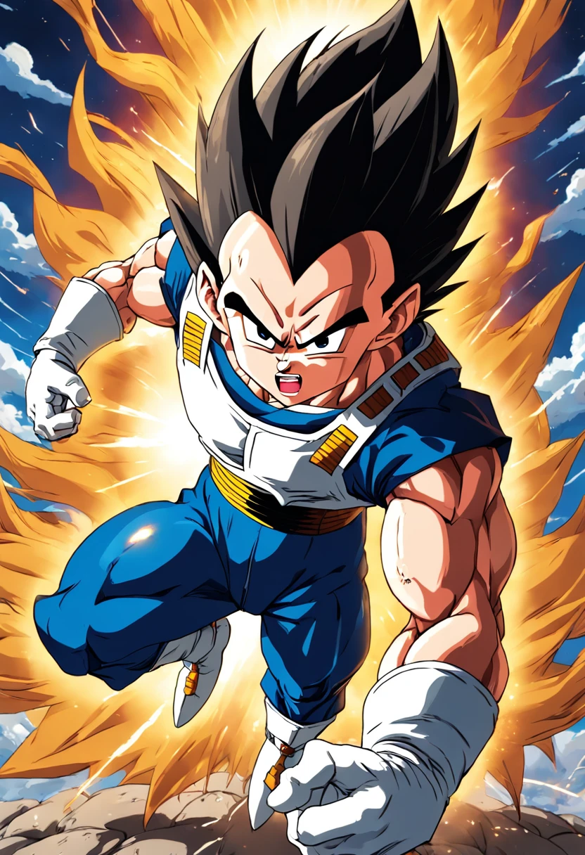 "Create a dynamic movie poster in the iconic style of Akira Toriyama's Dragon Ball Z, featuring Vegeta unleashing his full power as he transforms into Super Saiyan."